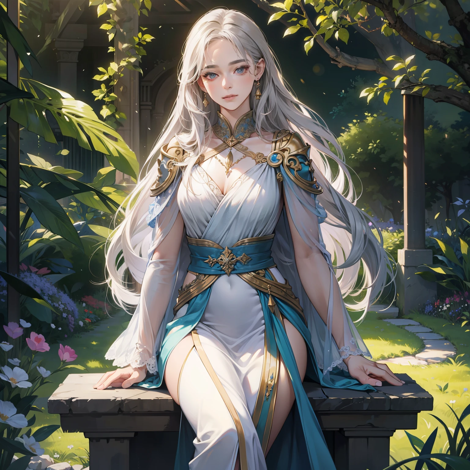 Masterpiece, high quality, best quality, HD, realistic, perfect lighting, detailed body, 1 woman, perfect eyes, long hair, gray Hair, glowing, wear gown, garden background.