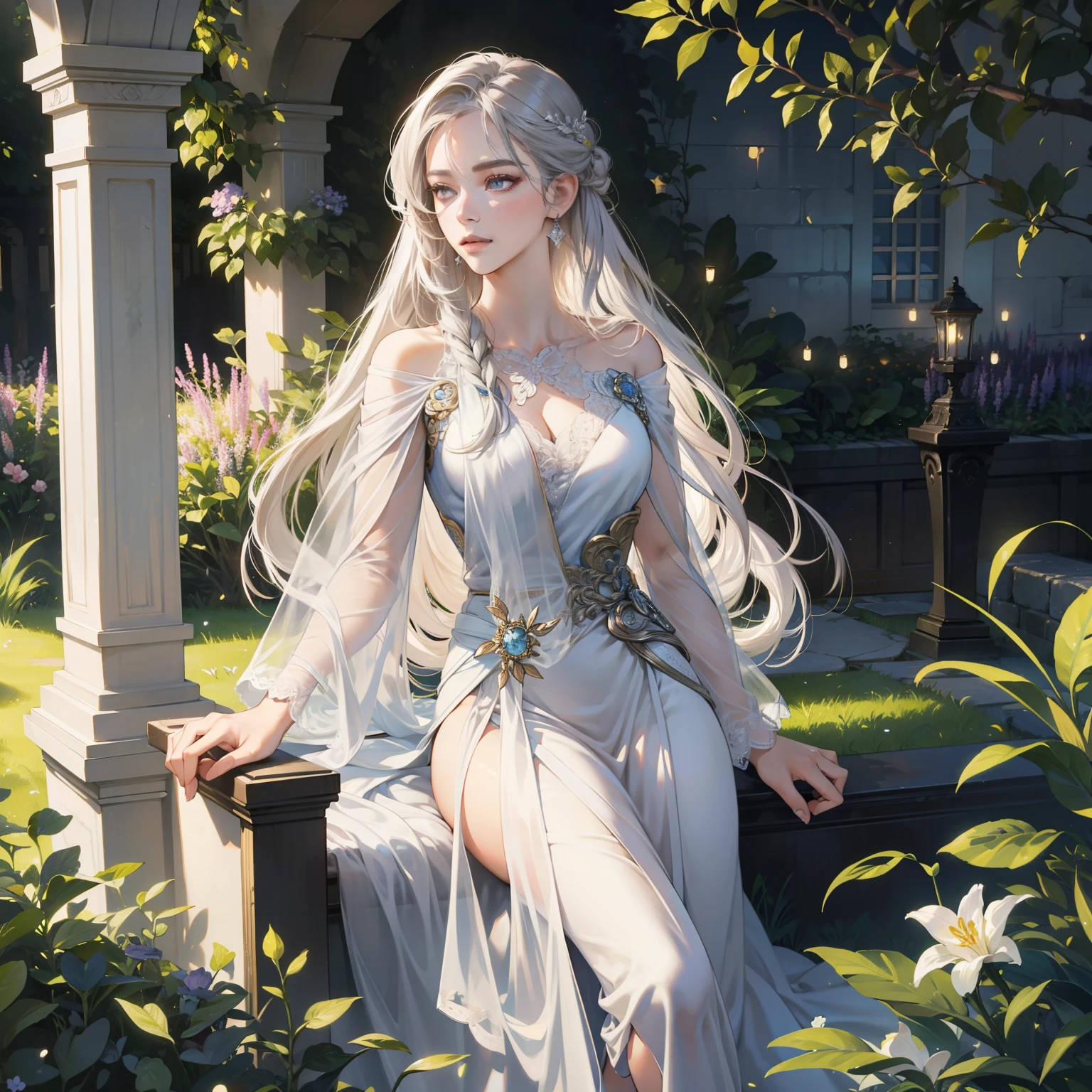 Masterpiece, high quality, best quality, HD, realistic, perfect lighting, detailed body, 1 woman, perfect eyes, long hair, gray Hair, glowing, wear gown, garden background.