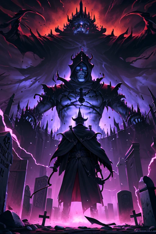 ((a lich from an old warrior)), (wearing the attire of a death knight), color black and red and purple, nether energy swirling around him, ((the backrground is an old graves)),( he is fighting demon), wild a giant whip
