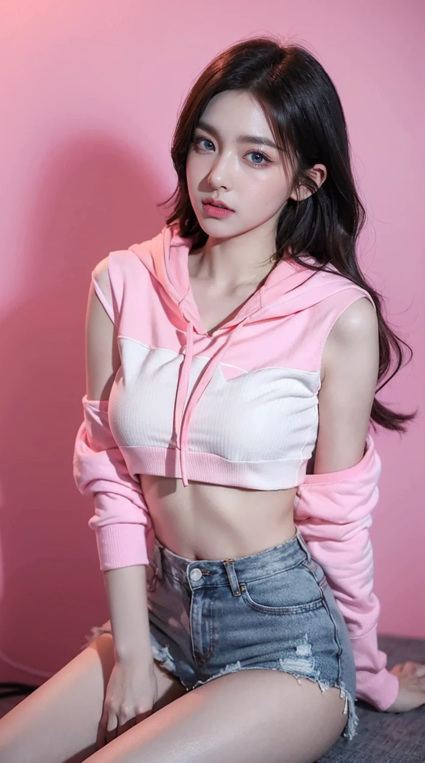 girl,(1 Sister),((beuaty girl)), (Lower bust:1.4),Large breasts droop、Thinning hair,black messy hair,Colored inner hair,Long gray hair:1.5,Long unkempt hair:1.35,cabelos preto e longos,Complex hairstyles)),(((neon_Pink_There are eyes:1.3))),complex eyes,beatiful and detailed&#39;eyed,symetric eye)),(spider lower abdomen,Willow waist,Wide hips,athletic body build,inflatable legs,Detailed body), Cute big breasts,'s,((((cropped hoodie,)))), (dynamicposes:1.0),Just focus,embarressed,(Located in the center,Scale to fit the dimensions,the rule of thirds), Waterfront cyberpunk city by night, scenecy:1.25,during night, star night, kosmos,Pitch black night，Neon lights are particularly eye-catching, very bright neon light,during night, star night, kosmos, artsy photography,(Photos taken by sldr),A high resolution, Focus sharp,(ultra - detailed, Very meticulous), (realistic artwork:1.37),(extremely detaild's CG unified 8k wallpapers),((Synthetic wave background theme)),(((vivd colour))),iintricate,(intricate background),(tmasterpiece),(Best quality),is a perfect face,Perfect facial detail,Realistic face,Live photos,analogue style,((Complicated details)),(((actual))),