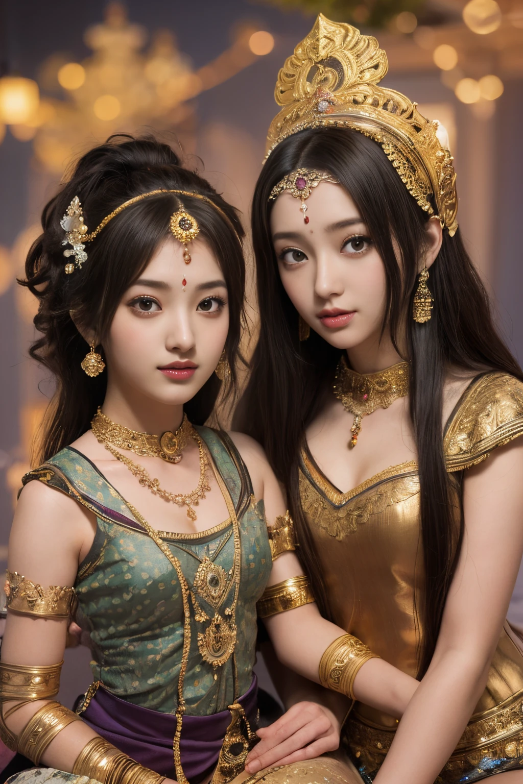 2girls,duo,8K Raw photograph,超高分辨率, filmgrain, filmg,view the viewer, Natural skin texture,Realistic eye and face details,((Realistic:1.5)),Ulzzang-6500:1.4,((Best quality)), ((Masterpiece)),((Detailed)),{2 beautiful women}, (Upper body:1.3),Hug and touch each other, Tease your friend's waist, Breathless friends, Biting a friend's earlobe, crouched,super wide shot,Face focus, Long legs,Curvy, Barefoot,Wide hips, Thin legs, Oversized eyes,Long eyelashes, (Detailed face,beautidful eyes, detailedpupils,detailed clothes features, Clear background:1.3), (armlets, bangle:1.3),bright detail,Sharp,Perfect compounding, Intricate, Sharp focus, Dramatic,