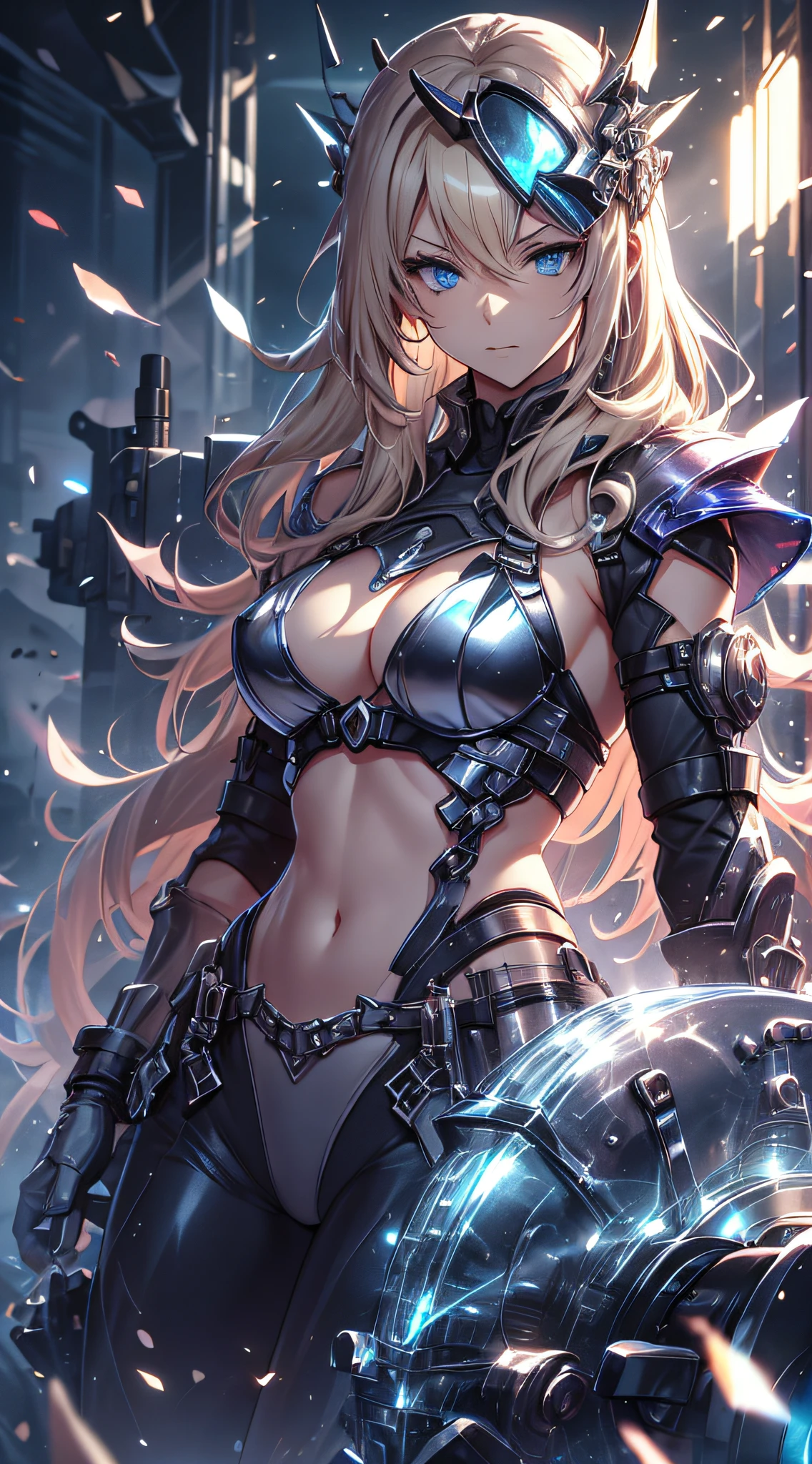 top-quality、Top image quality、​masterpiece、 girl((black mechanic body、Shining red body line、Thorny armor、18year old、 Ager、Best Bust、big bast,Beautiful light blue eyes, Long Blonde Hair、A slender,Large valleys、Reflecting the whole body、black mechanic helmet、Equipped with a glossy black visor for the eyes、The power cable is stuck all over the body、Sitting in a mechanical chair)),hiquality、Beautiful Art、Background with((research complex、Mechanical Laboratory、bio research))​masterpiece、depth of fields,