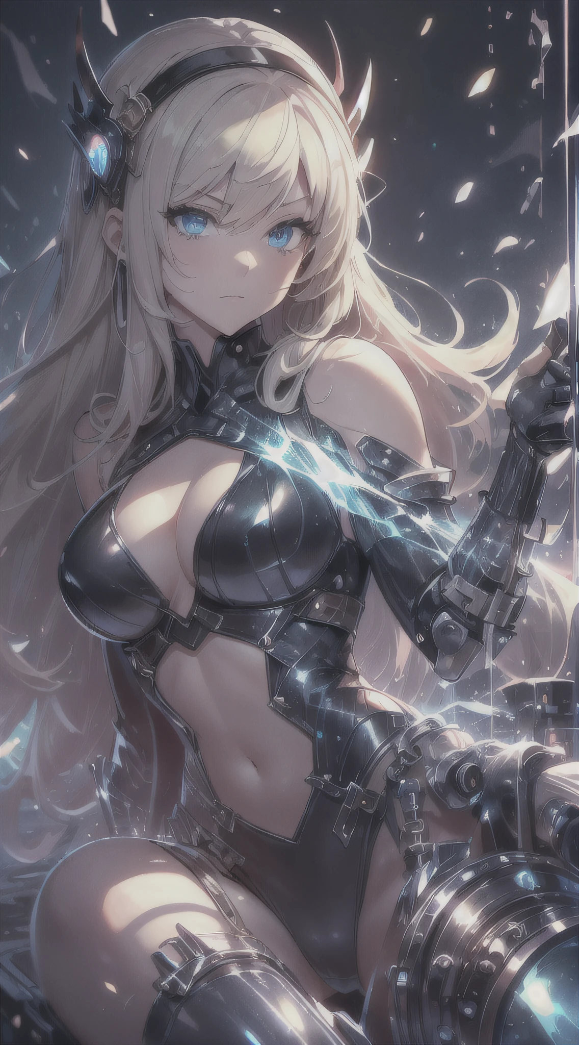 top-quality、Top image quality、masterpiece、age girl((black mechanic body、Shining red body line、Thorny armor、18year old、 Ager、Best Bust、big bast,Beautiful light blue eyes, Long Blonde Hair、A slender,Large valleys、Reflecting the whole body、black mechanic helmet、Equipped with a glossy black visor for the eyes、The power cable is stuck all over the body、Sitting in a mechanical chair)),hiquality、Beautiful Art、Background with((research complex、Mechanical Laboratory、bio research))masterpiece、depth of fields,
