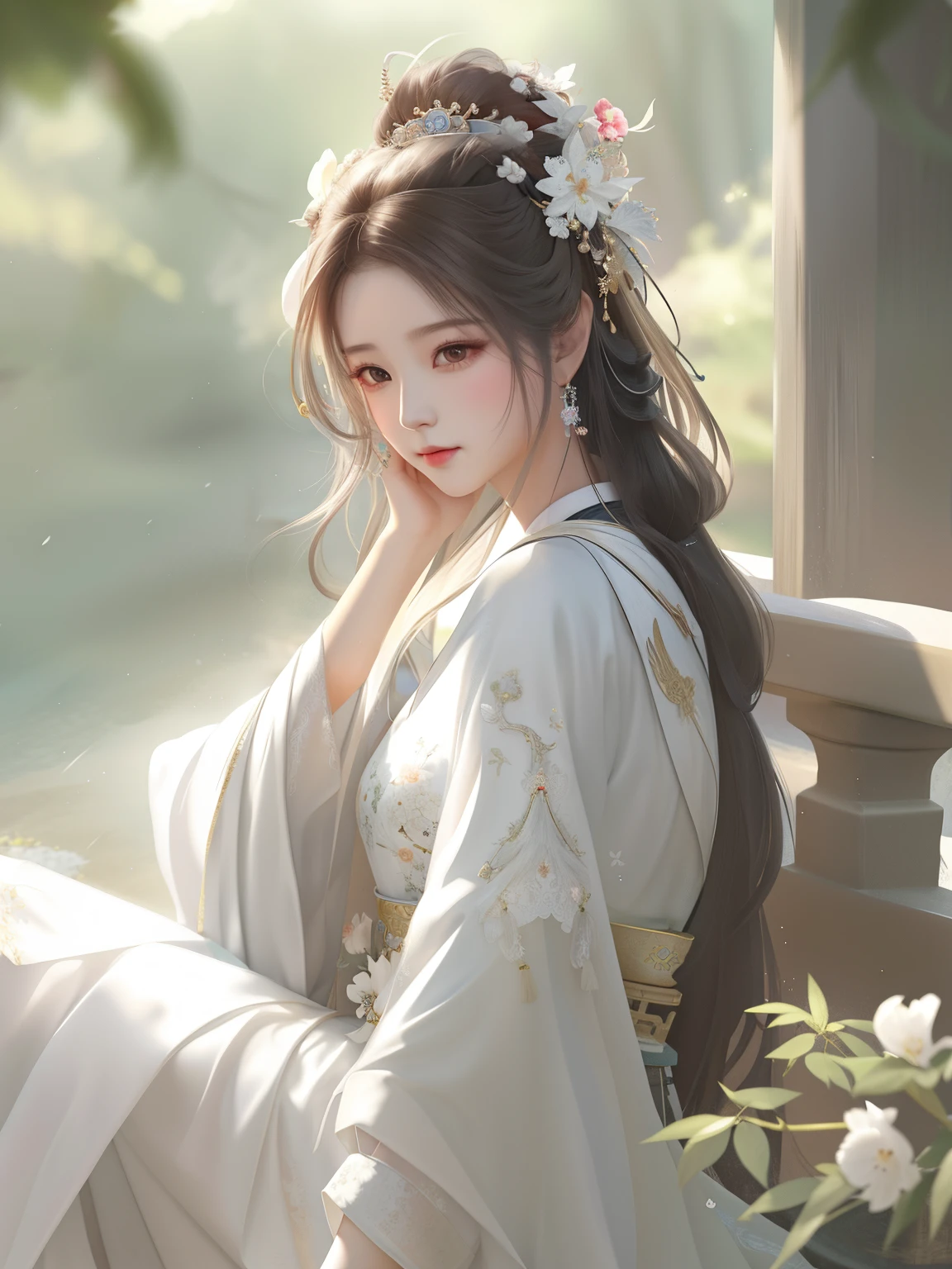 arafed woman in a white dress sitting on a porch, palace , a girl in hanfu, guweiz, flowing hair and long robes, by Yang J, artwork in the style of guweiz, white hanfu, by Zhou Fang, beautiful character painting, a beautiful fantasy empress, by Fan Qi, by Leng Mei, by Li Fangying