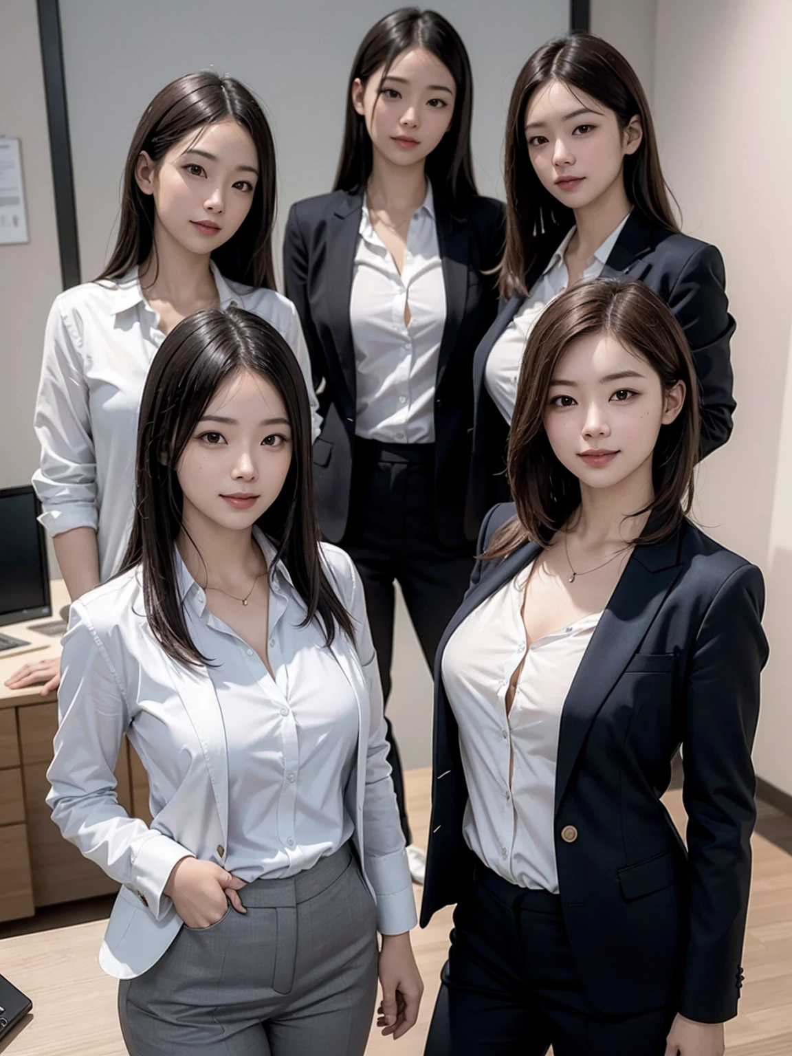(Masterpiece), (8K, Photorealistic, RAW Photography, Best Quality: 1.4), Japan, Beautiful Face, (Realistic Face), (Medium Hair:1.3), Realistic Eyes, Beautiful Eyes, Attractive, Ultra High Definition, Ultra Realistic, High Definition, Beautiful Japan woman, grey suit, open jacket, ((jacket)), office lady, suit, ((pants)), (modern office indoors), desk, detailed face, long hair, group picture, multiple girls, 4girls, looking at viewer, ((smile)), ((white shirt)), (open shirt)