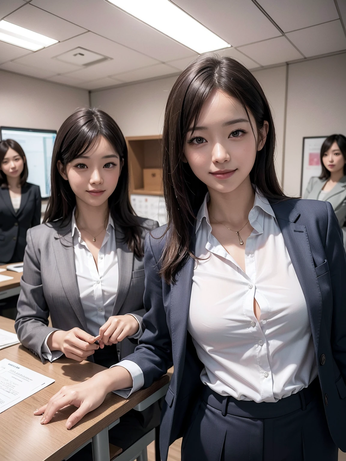 (Masterpiece), (8K, Photorealistic, RAW Photography, Best Quality: 1.4), Japan, Beautiful Face, (Realistic Face), (Medium Hair:1.3), Realistic Eyes, Beautiful Eyes, Attractive, Ultra High Definition, Ultra Realistic, High Definition, Beautiful Japan woman, grey suit, open jacket, ((jacket)), office lady, suit, ((pants)), (modern office indoors), desk, detailed face, long hair, group picture, multiple girls, 4girls, looking at viewer, ((smile)), ((white shirt)), (open shirt)