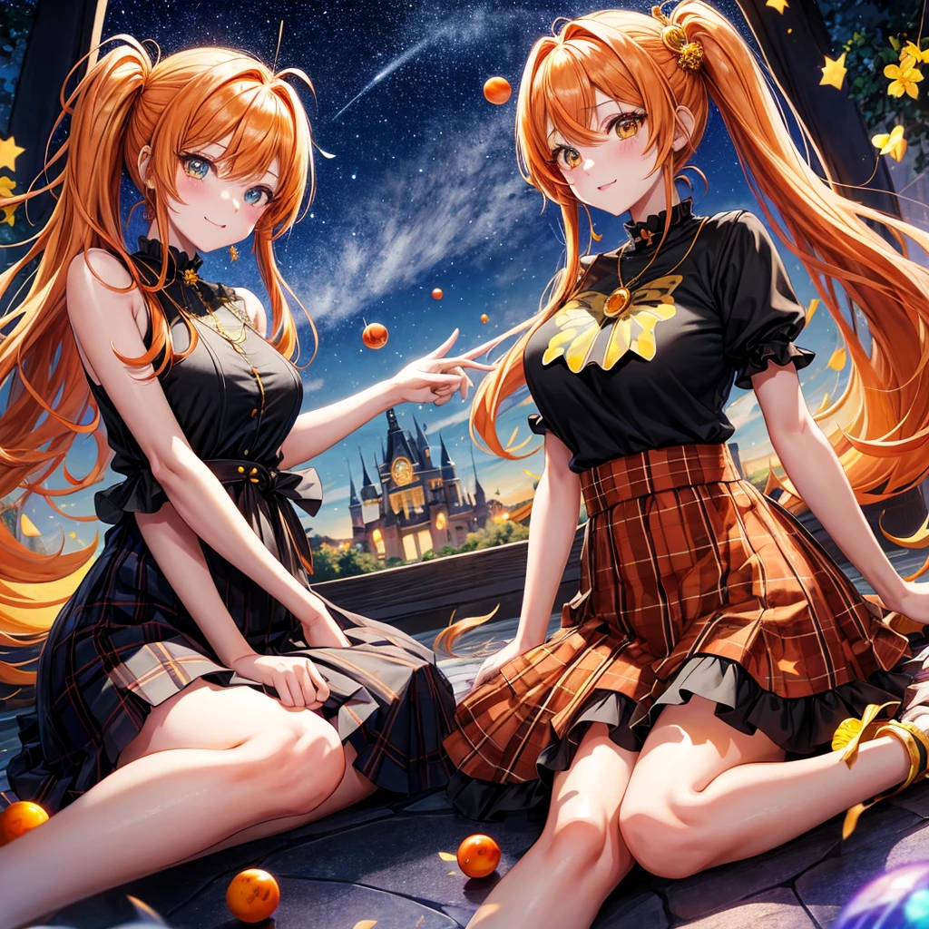 Orange hair、poneyTail、verd s eyes、one good looking girl、独奏、animesque、lightly dressed、Plaid miniskirt、a black T-shirt、fullmoon、Meteor swarm、large tree、Glittering starry sky、rainbow butterfly flying、Colorful marbles、sitting on、golden castle、flower petals、thread、Skysky