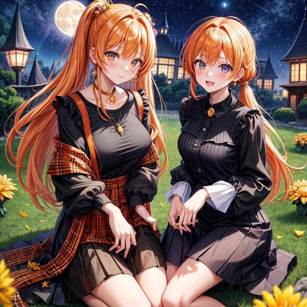 Orange hair、poneyTail、verd s eyes、one good looking girl、独奏、animesque、lightly dressed、Plaid miniskirt、a black T-shirt、fullmoon、Meteor swarm、large tree、Glittering starry sky、rainbow butterfly flying、Colorful marbles、sitting on、golden castle、flower petals、thread、Skysky