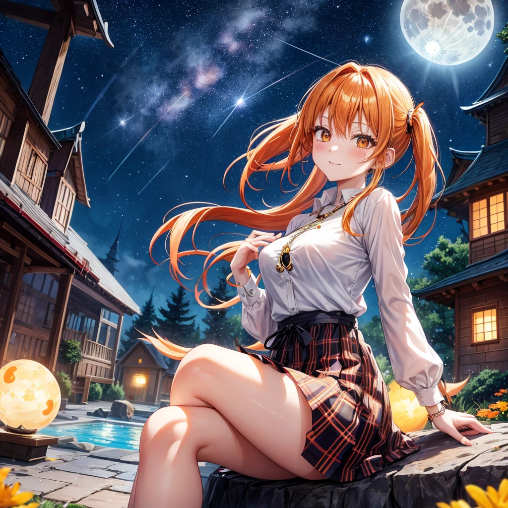 Orange hair、poneyTail、verd s eyes、one good looking girl、独奏、animesque、lightly dressed、Plaid miniskirt、a black T-shirt、fullmoon、Meteor swarm、large tree、Glittering starry sky、rainbow butterfly flying、Colorful marbles、sitting on、golden castle、flower petals、thread、Skysky