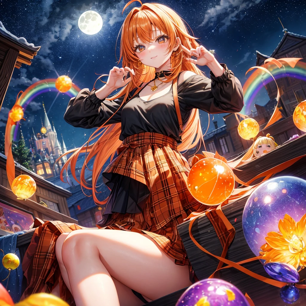 Orange hair、poneyTail、verd s eyes、one good looking girl、独奏、animesque、lightly dressed、Plaid miniskirt、a black T-shirt、fullmoon、Meteor swarm、large tree、Glittering starry sky、rainbow butterfly flying、Colorful marbles、sitting on、golden castle、flower petals、thread、Skysky