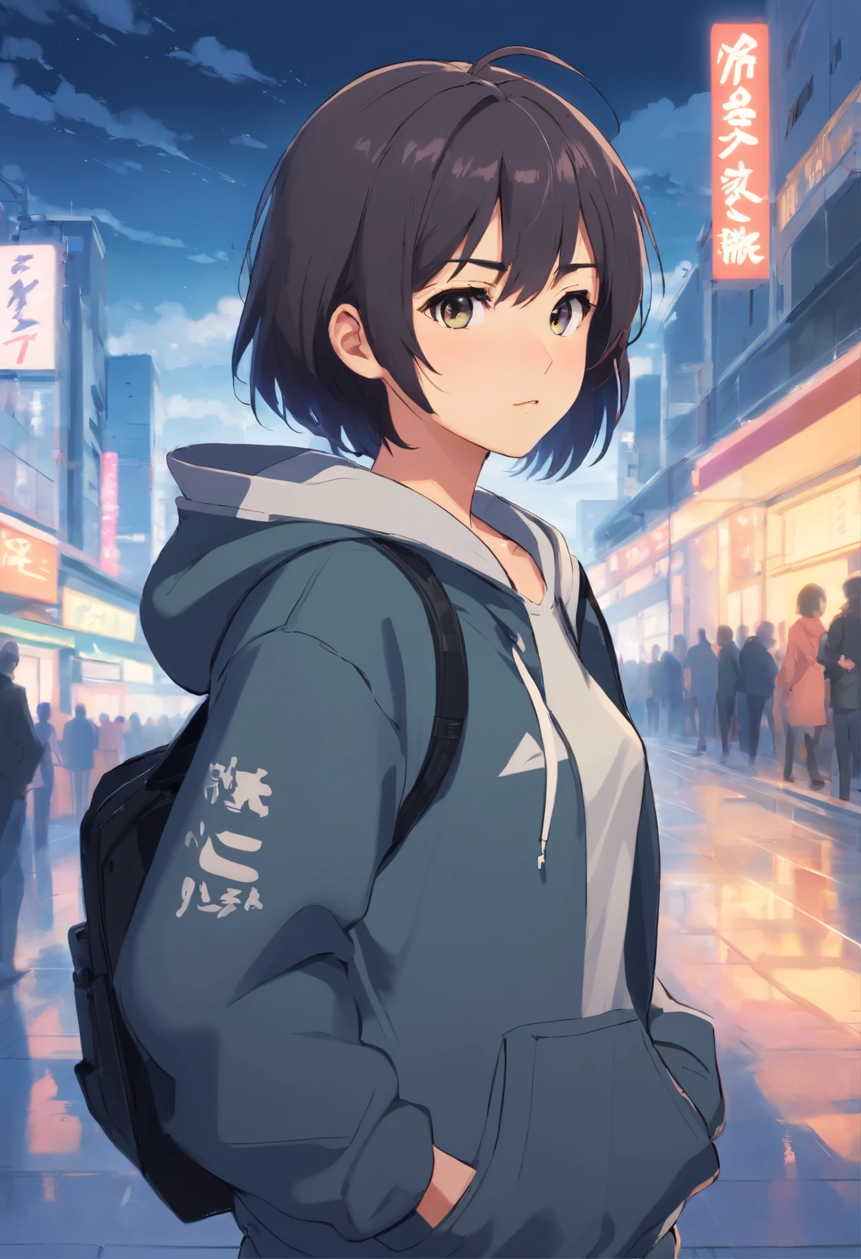 (1人:1.3)(Frustrated+social phobia+Psychotic:1.1),(One color:1.2),shadows everywhere,sporty attire,Short hair details,(arrogant:1.4),A cloudy look,Background Black,Gray hooded sweatshirt,black black jacket