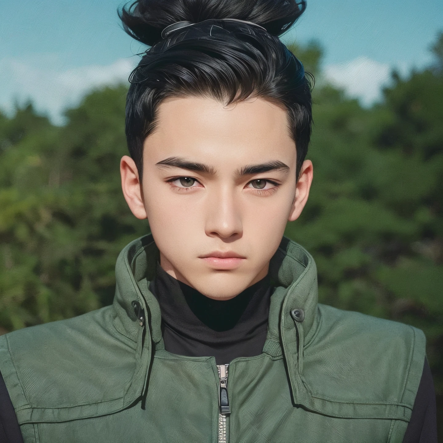 A teenage boy with realistic black hair, (same realistic hairstyle), realistic white hair tie, realistic handsome face, realistic cool expression, adapted to realistic clothes,realistic light, realistic shadows, realistic background, good image quality, very good image results, 4k, ultra detailed, realistic