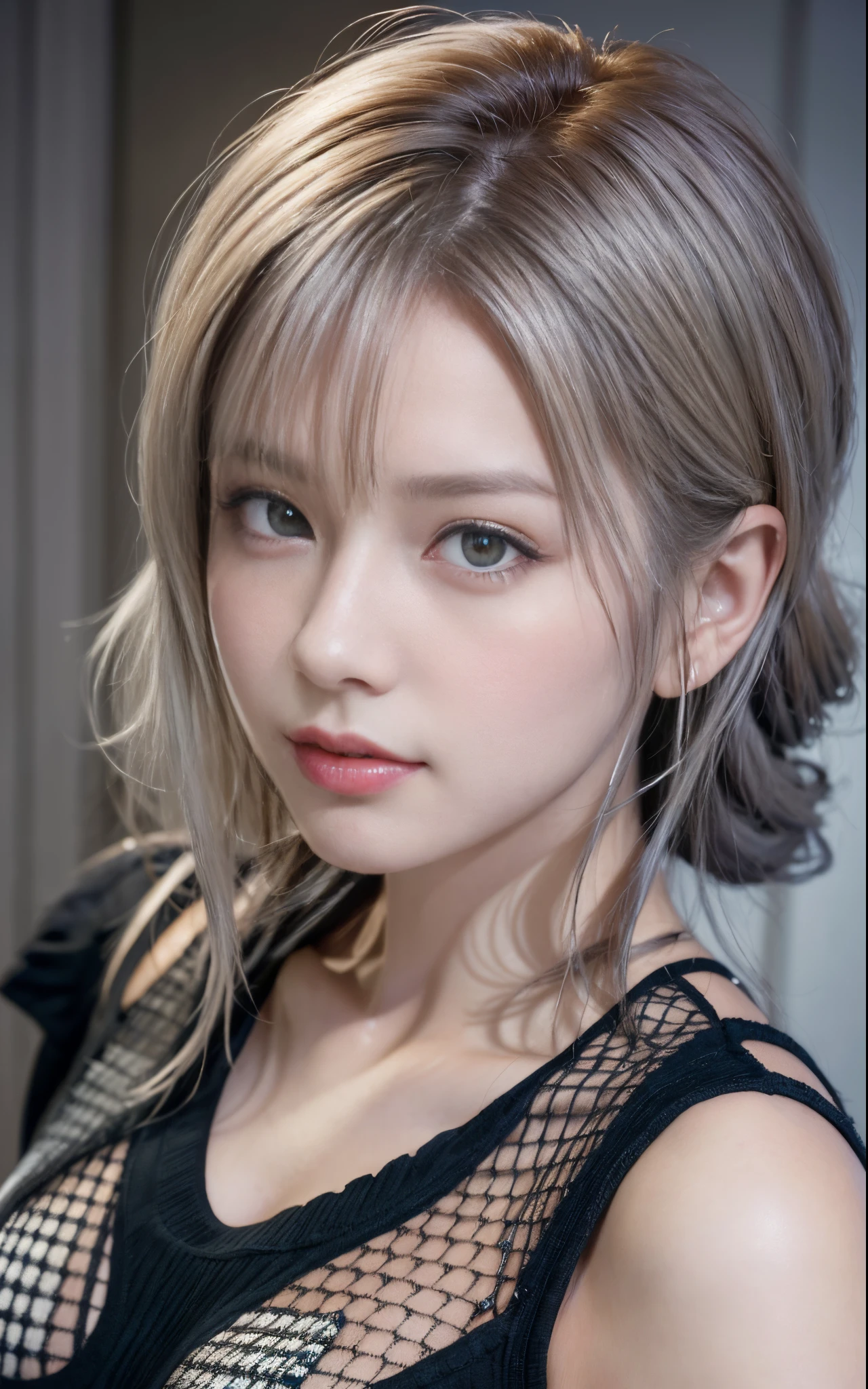(8K, Photorealistic, Raw photo, of the highest quality: 1.3), (1girl in), Super beautiful, (Realistic face), (boyish, Silver Color Berry Shorthair), Beautiful , Glare that captivates the viewer, Beautiful expression, Beautiful breasts, (Realistic skin), Be...