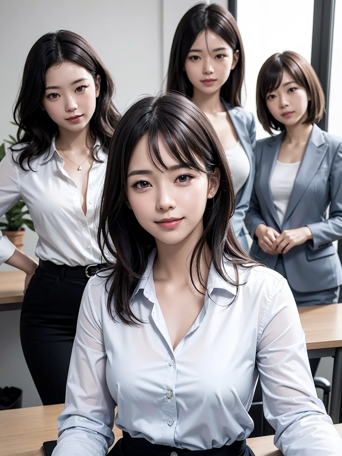 (Masterpiece), (8K, Photorealistic, RAW Photography, Best Quality: 1.4), Japan, Beautiful Face, (Realistic Face), (Medium Hair:1.3), Realistic Eyes, Beautiful Eyes, Attractive, Ultra High Definition, Ultra Realistic, High Definition, Beautiful Japan woman, grey suit, open jacket, ((jacket)), office lady, suit, ((pants)), (modern office indoors), desk, detailed face, long hair, group picture, multiple girls, 4girls, looking at viewer, ((smile)), ((white shirt)), ()