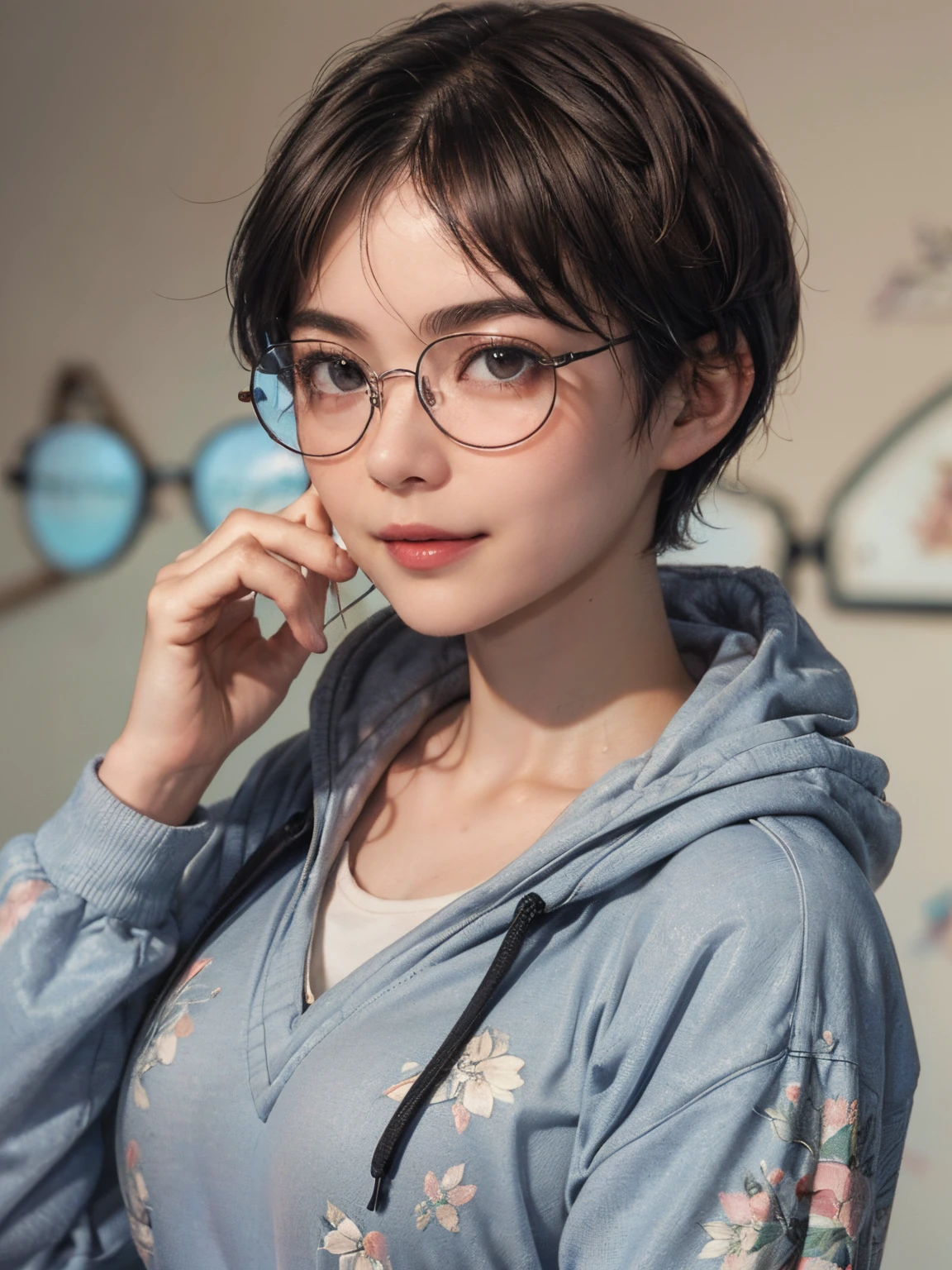 134
(a 20 yo woman,Wearing sportswear), (A hyper-realistic), (high-level image quality), ((beautiful hairstyle 46)), ((short-hair:1.46)), (Gentle smile), (breasted:1.46), (lipsticks), (Wearing glasses:1.46), (darkened room), (florals), (wearing hoodies)