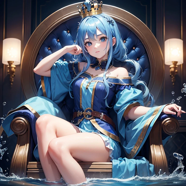 1girl, blue hair, blue shirt, crown, sitting on throne, water element background