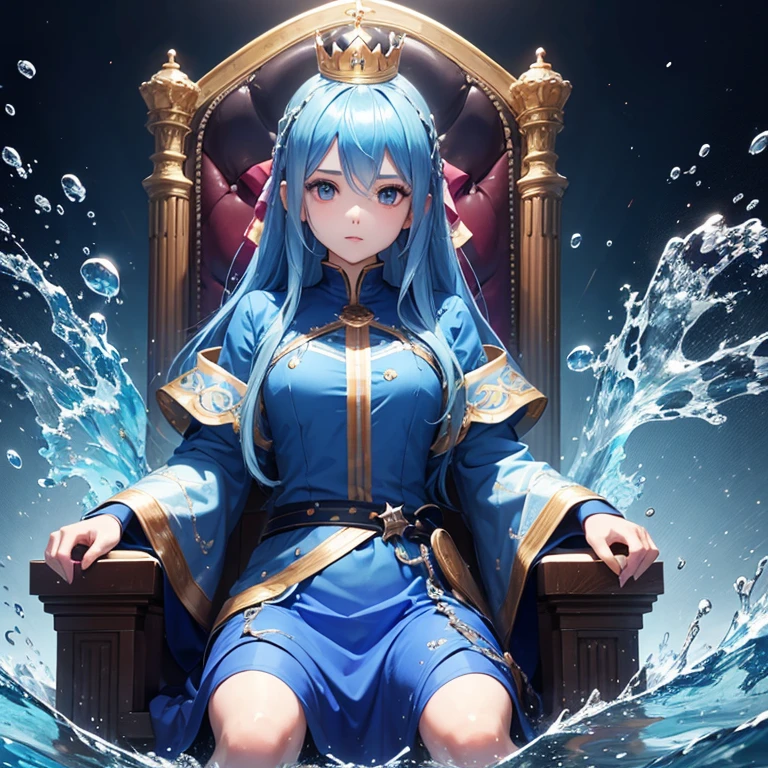 1girl, blue hair, blue shirt, crown, sitting on throne, water element background
