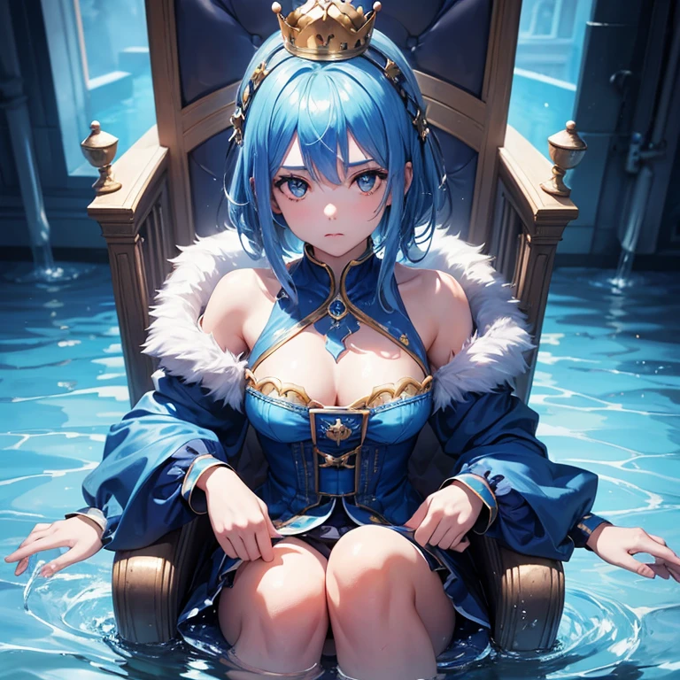 1girl, blue hair, blue shirt, crown, sitting on throne, water element background