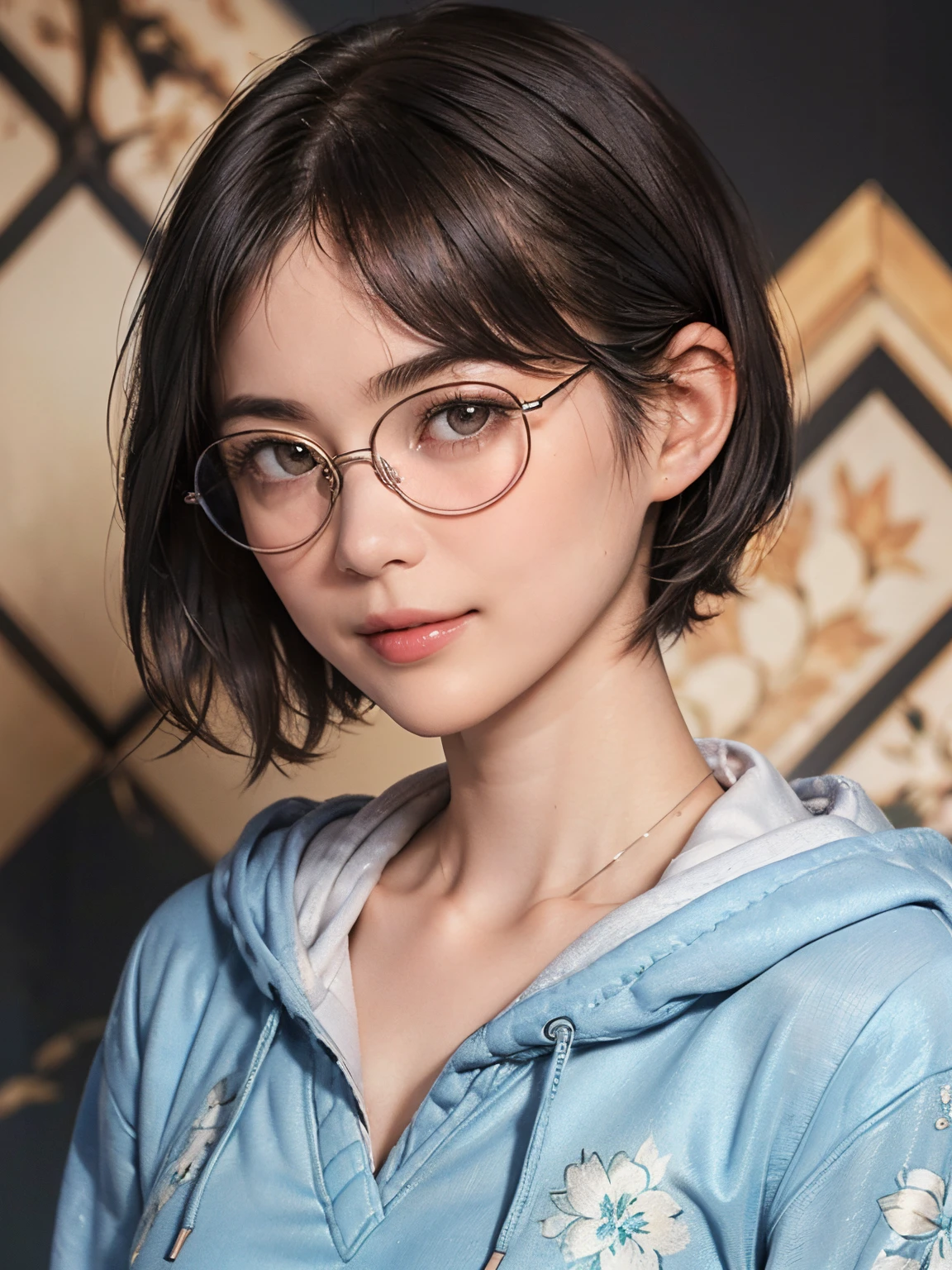 134
(a 20 yo woman,Wearing sportswear), (A hyper-realistic), (high-level image quality), ((beautiful hairstyle 46)), ((short-hair:1.46)), (Gentle smile), (breasted:1.46), (lipsticks), (Wearing glasses:1.46), (darkened room), (florals), (wearing hoodies)