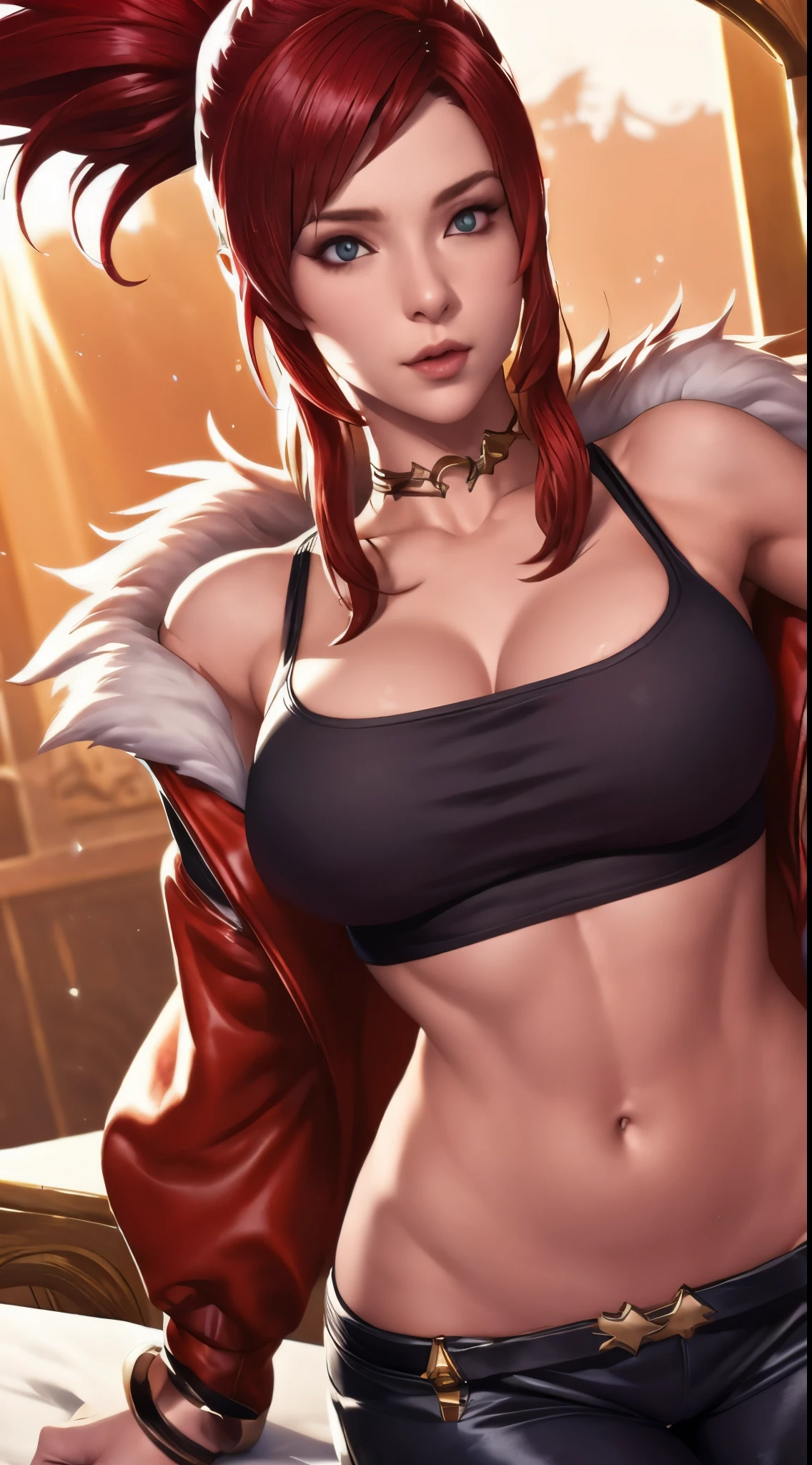 （（（Akali kda reputation,pony tails,red hair clothes, choker necklace, awas, cosmetics, hooded, Black cropped top, fur-trim, jaket, mitts, black trouser suit, K/, (league of legend), cropped shoulders，S-shaped body:1.7））），((tmasterpiece)),A high resolution, ((Best quality at best))，tmasterpiece，quality，Best quality，（（（ exquisite facial features，looking at viewert,There is light in the eyes，Smilingly，Self-confident ））），（（（Light and shadow interlace，humongous large breast））），（（（1 Sister， dynamicposes, 1 girl, (complete figure:0.9), own,Human body silhouette， ((good body)),the girl poses for a photo，24 years old female model，perfect foot、Have perfect arms behind your back，plum)）））