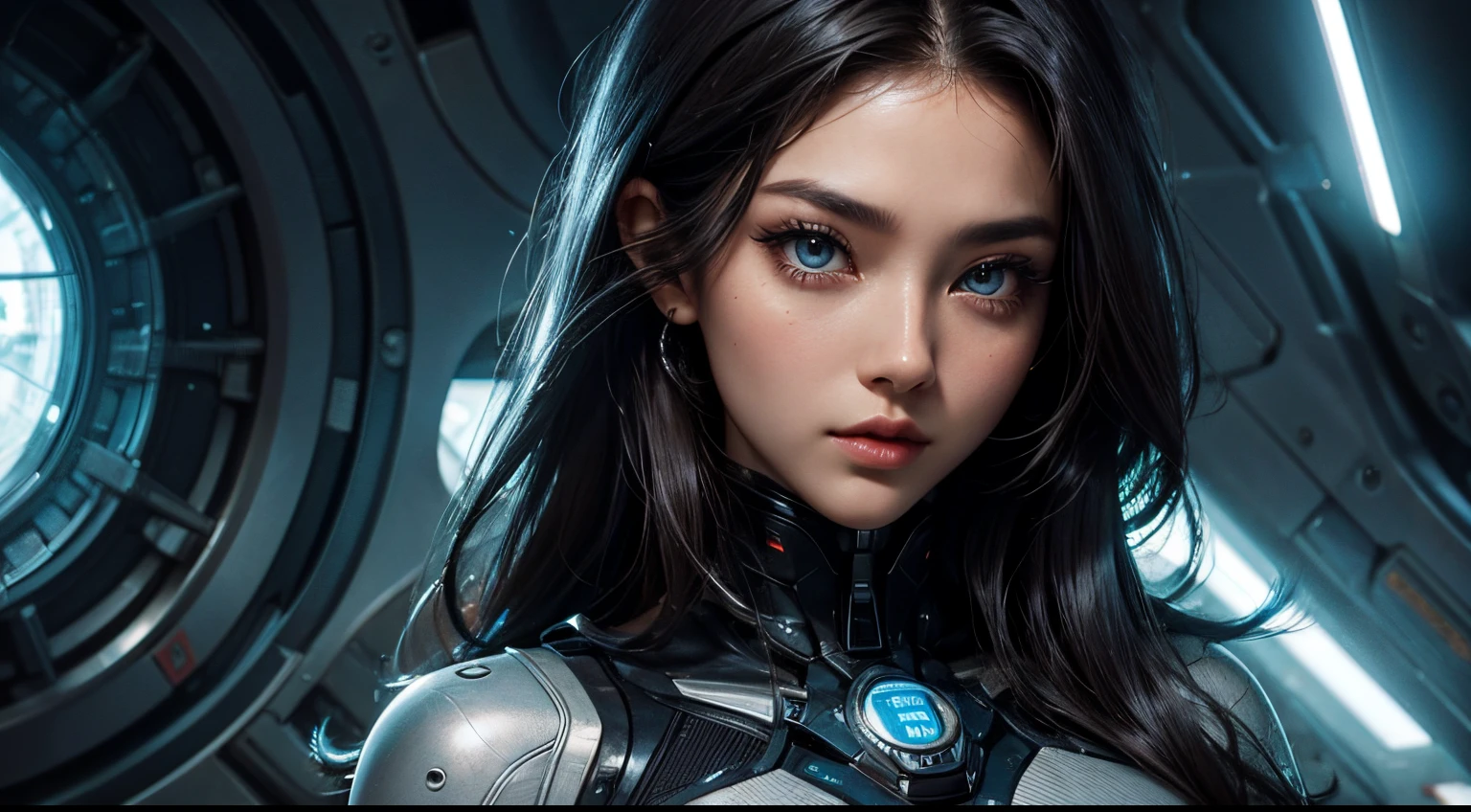 Upper body close-up image。Beautuful Women。A dark-haired。Beautiful double eyes。Passed nasal muscle。well-shaped lips。Futuristic outfit。