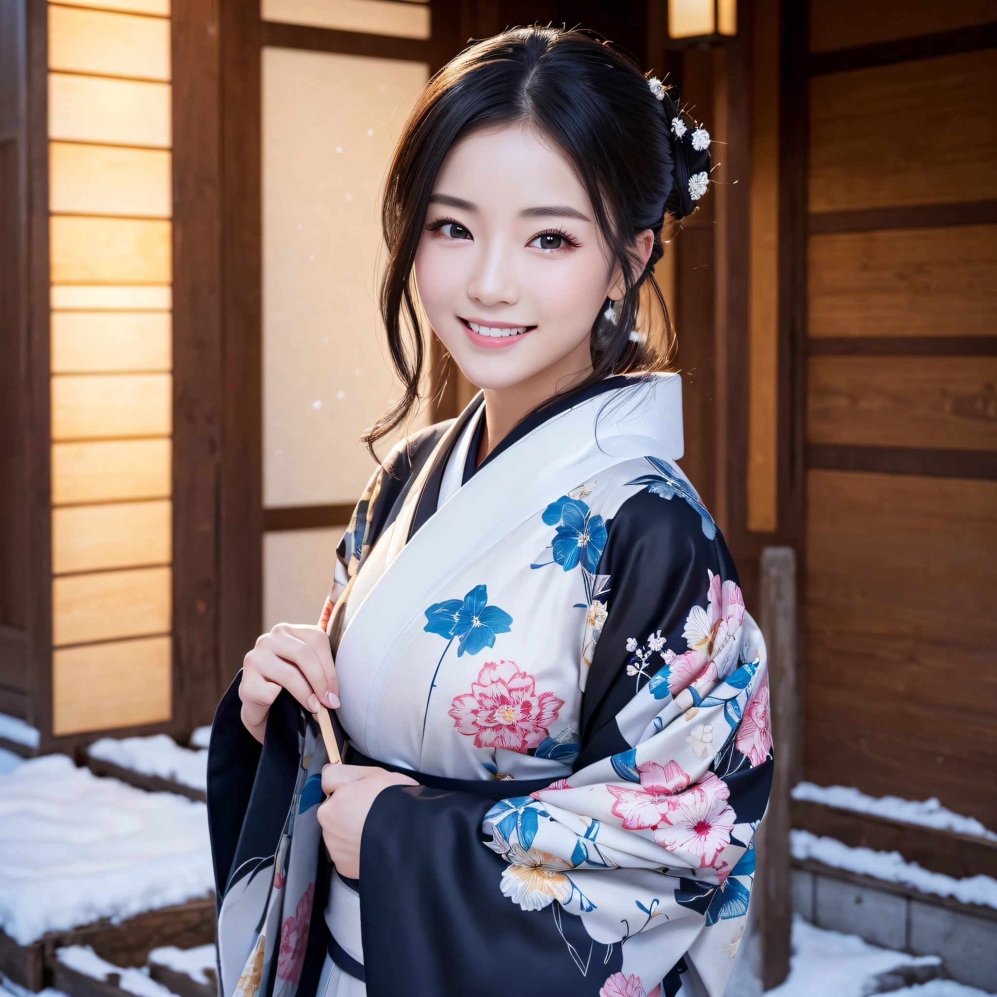 (Super beautiful woman in kimono)、((best qualtiy、8k masterpieces:1.3))、foco nítido:1.2、(ultra beautiful faces:1.0)、(shinny skin:1.0)、photos realistic、A dark-haired、Video Lighting、High-definition eyes and face、Video Lighting、Japanese actressl、from the front side、medium breasts、With a happy smile、Slender Abs Beauty、Whole body、wearing kimonos、In a snowy landscape in the middle of winter、highest grade obi