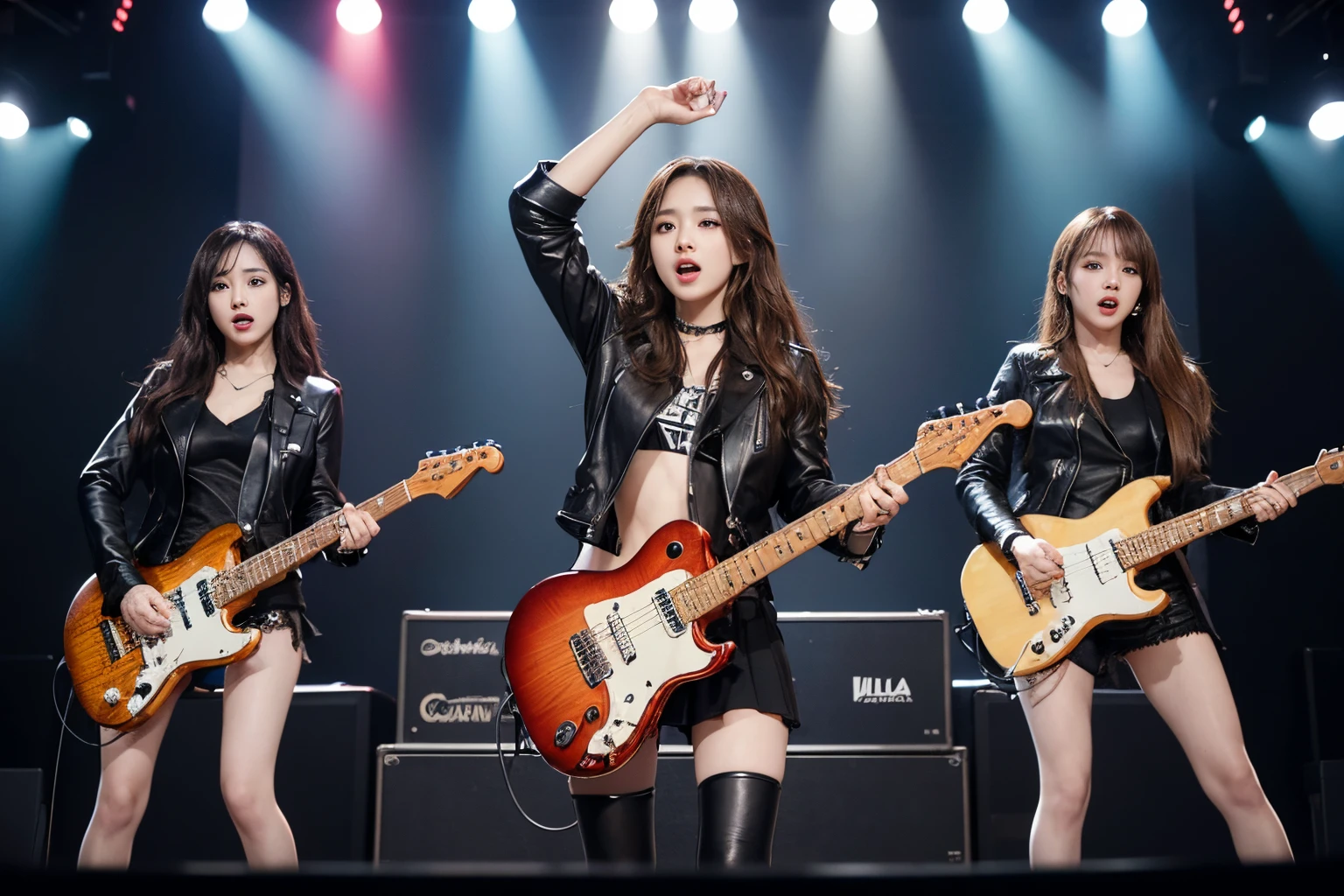 5 member girl band、metal bands、超A high resolution、An ultra-high picture quality、8K、Wonderful expression with attention to detail、All have long brown curly hair、Black leather jacket、Performance scene at a live house