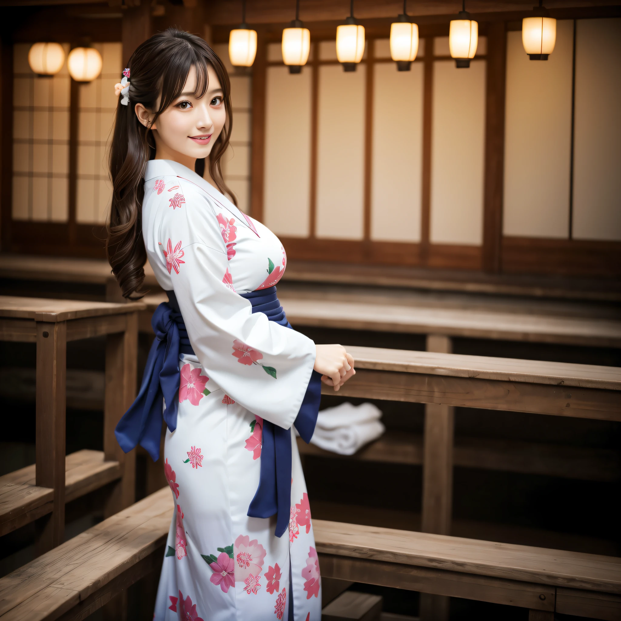 Beautiful woman in neat Japanese clothes、8k masterpieces:1.3))、foco nítido:1.2、(ultra beautiful faces:1.0)、(shinny skin:1.0)、photos realistic、A dark-haired、Video Lighting、High-definition eyes and face、Video Lighting、The front side of the huge breasts of Japanese idol actresses、Smile、Slender Abs Beauty、Whole body、In furisode
