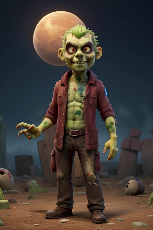 A detailed depiction of a zombie character, standing in a hauntingly dark environment. The zombie has decayed, ashen-gray skin with patches of missing flesh, revealing decayed muscle and bone underneath. Its eyes glow eerily in a dull, sickly yellow, contrasting with the dark, sunken sockets. The zombie's face is twisted in a grimace, with a broken jaw hanging loosely, and cracked, bloodstained teeth visible. Its tattered clothing hangs in shreds, caked in dirt and dried blood. The hands are bony, with sharp, blackened nails, reaching out as if to grab something. The background is shrouded in fog, with faint silhouettes of other zombies lurking in the distance, creating an atmosphere of impending doom