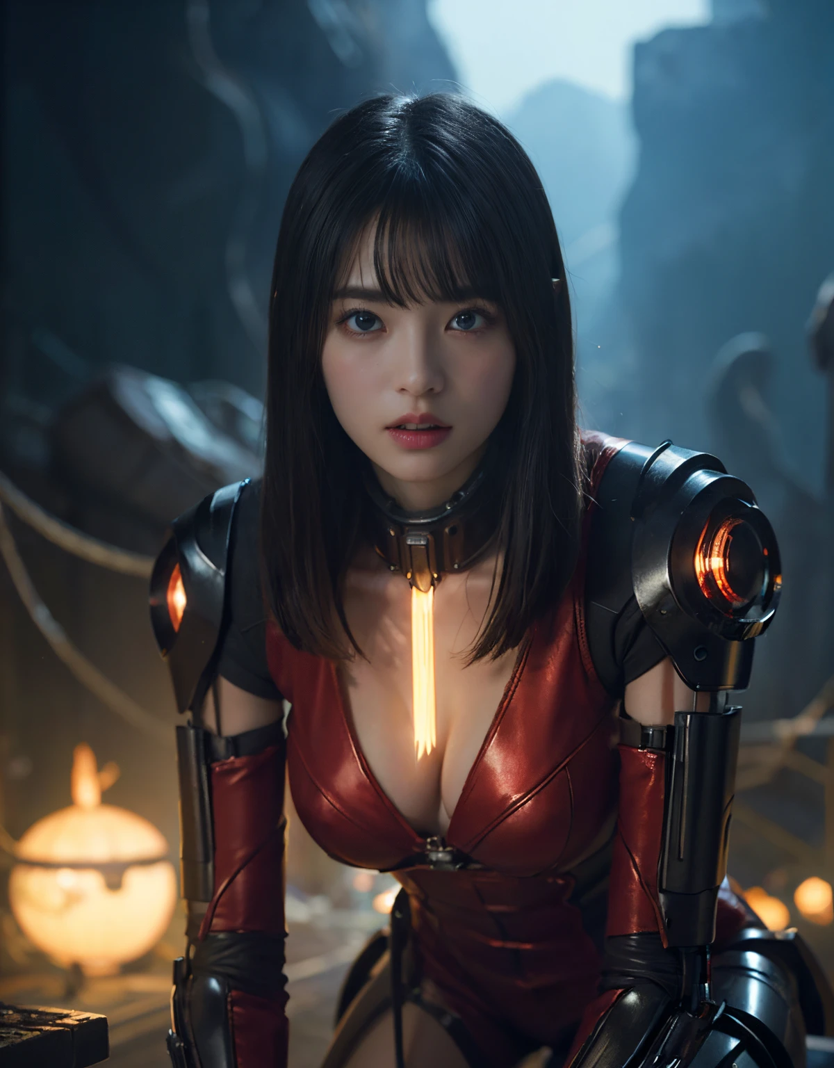 (1 Mechanical Girl)、(Mystical expression)、top-quality、masterpiece、超A high resolution、(Photorealsitic:1.4)、Raw photo、1人、glowy skin、(((1 Mechanical Girl)))、(Red Metal Bodysuit)、(Fight goblings、ogre、Fierce battle with Osite、Fierce battle with alien night monster cliff background)、(Small LED)、((super realistic details))、vertical giant monster background),globalillumination、Shadow、octan render、8K、ultrasharp、Colossal tits、Raw skin exposed in the cleavage、red metal、Details of complex ornaments、Japan details、highly intricate detail、Realistic light、(Mystical expression),CG Society Trenlow Eyes、Eyes shining towards the camera、Mechanical marginal blood vessels connected to neon detail tubes)、(Wires and cables connecting to the head)、Small LED、,Mechanical thighs、Toostock、(Hands are also made of machines.traces on the cliff)、droid、