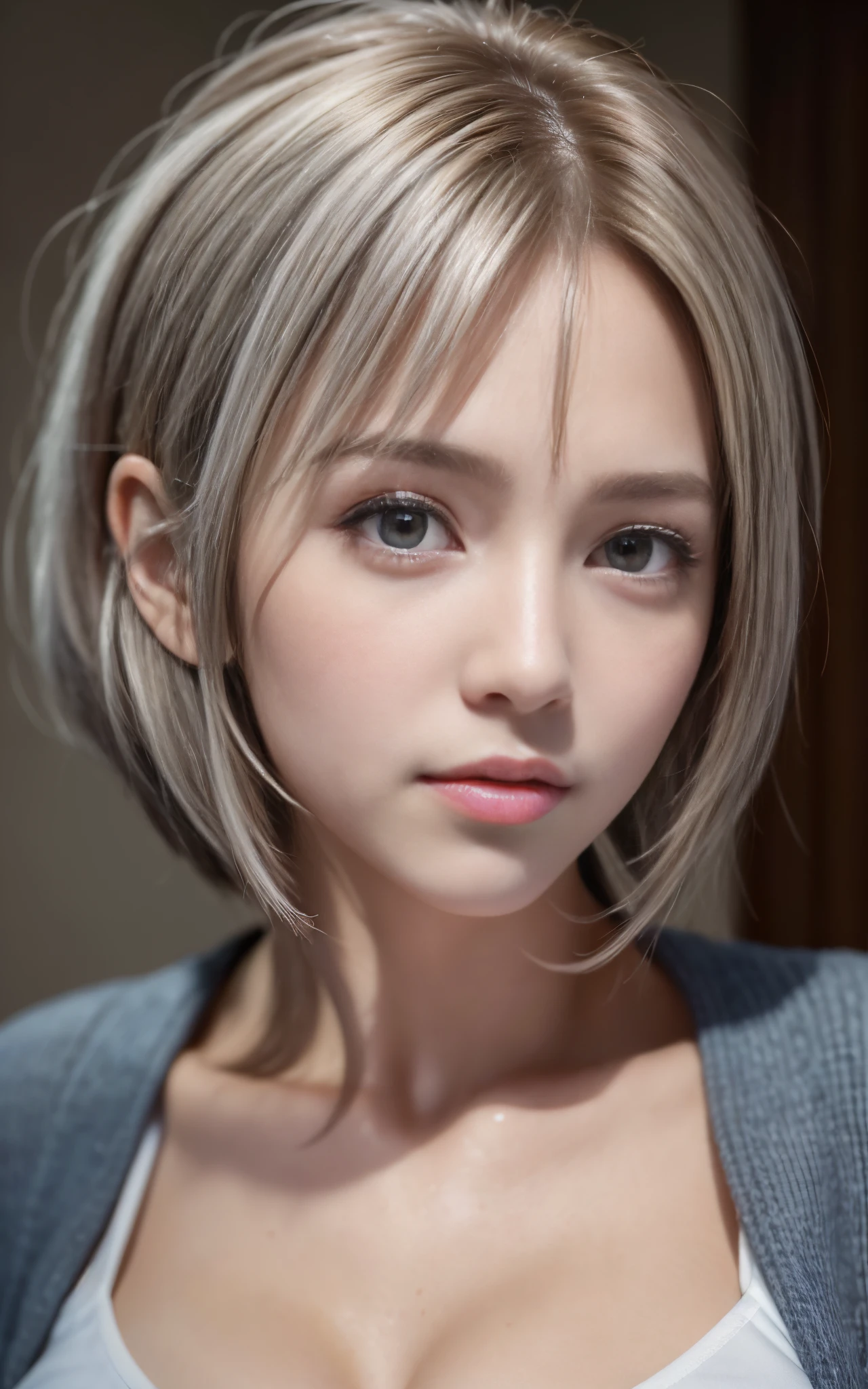 (8K, Photorealistic, Raw photo, of the highest quality: 1.3), (1girl in), Super beautiful, (Realistic face), (boyish, Silver Color Berry Shorthair), Beautiful , Glare that captivates the viewer, Beautiful expression, Beautiful breasts, (Realistic skin), Be...