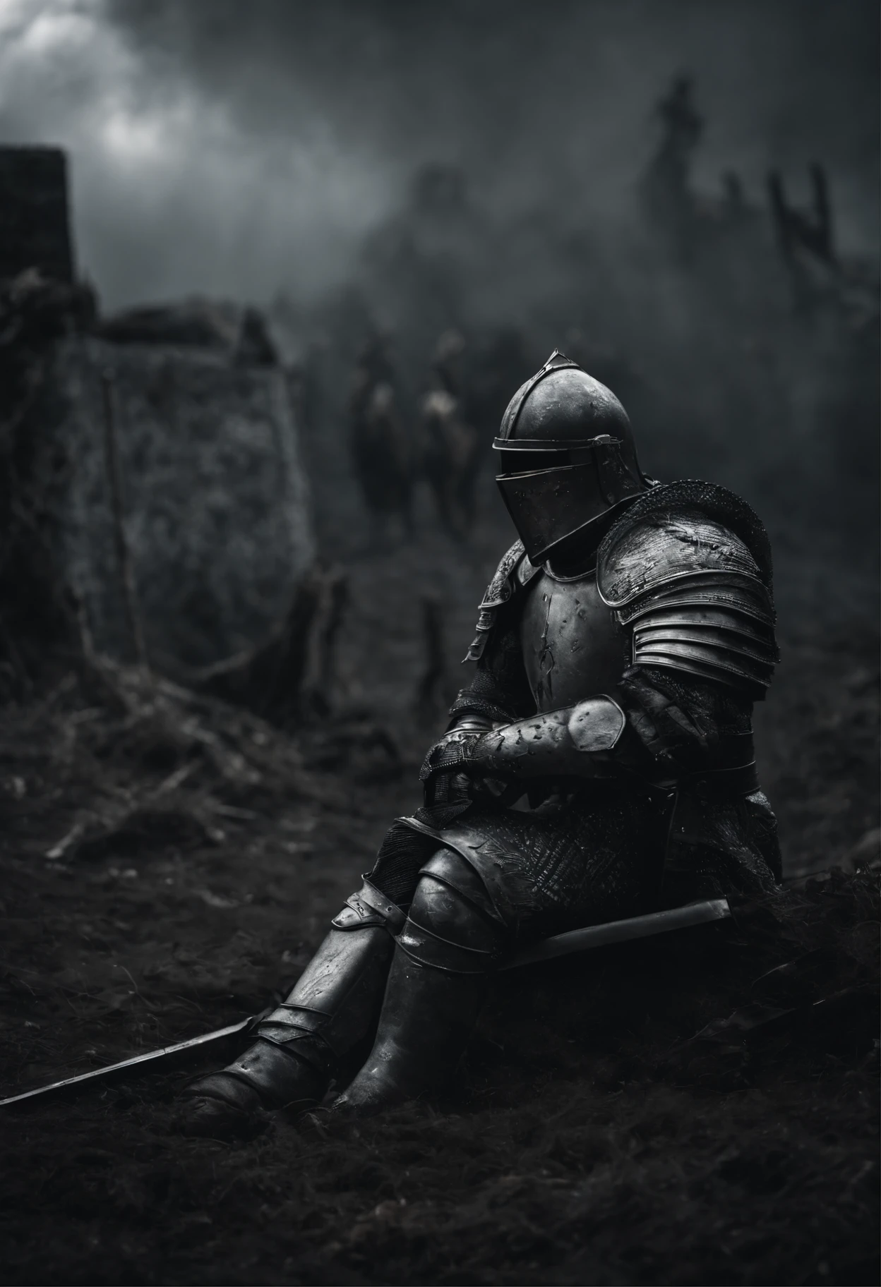 A knight fallen to his knees in front of a grave, on a battle field, over a ton of corpses, its black and white neon lights, high quality, high detail, 8k
