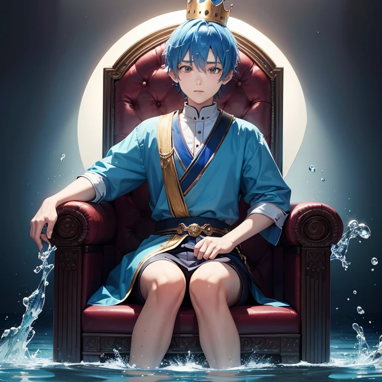 1boy, blue hair, blue shirt, crown, sitting on throne, water element background