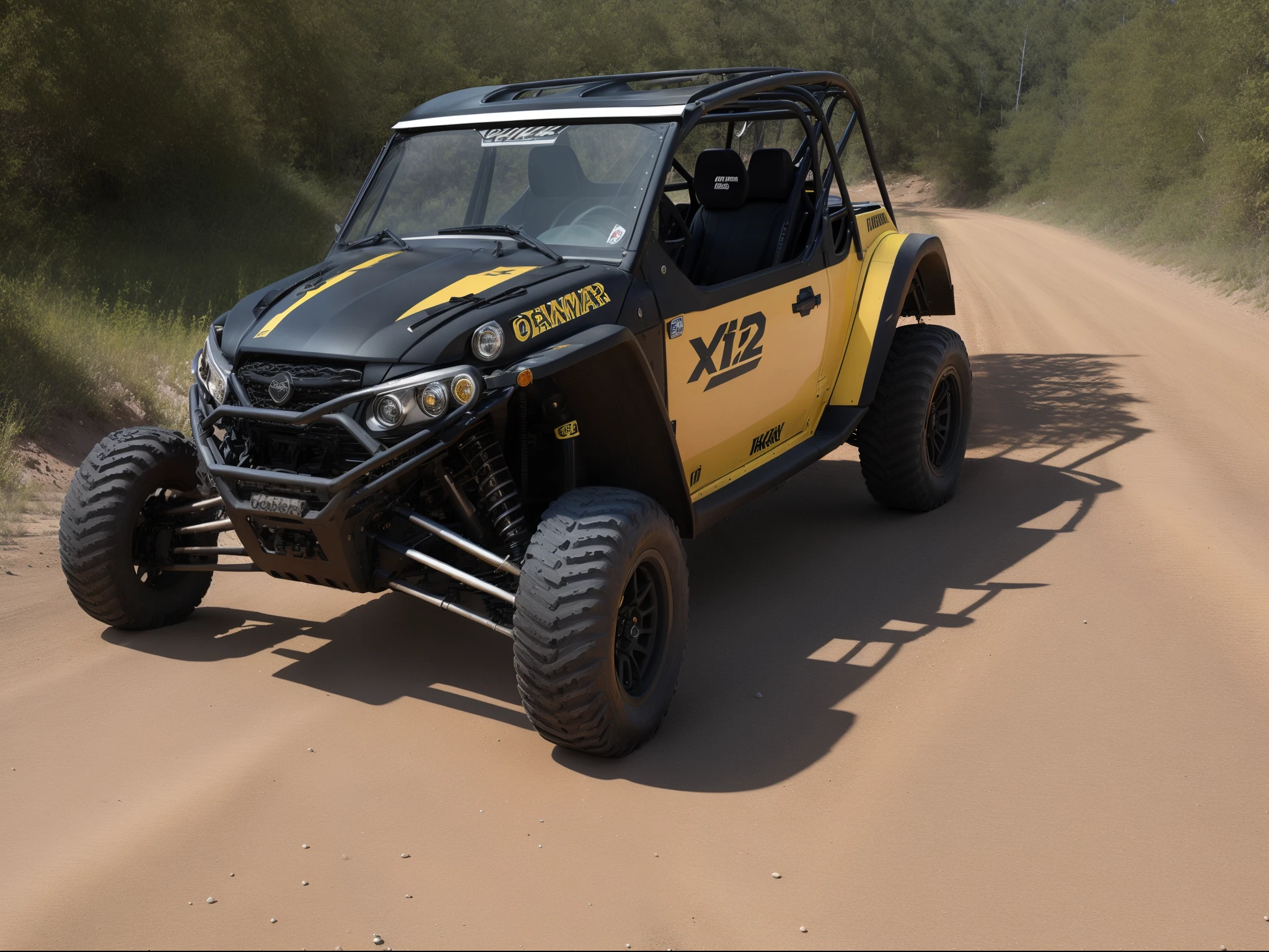 there is a yellow and black vehicle parked on a gravel road, with octane, octane rander, octane 1 2 8 k, buggy, front shot, octane 8k, octane 8 k, ready, octane 8, 1128x191 resolution, octa 8k, long front end, 8k!, trophy truck, off - road