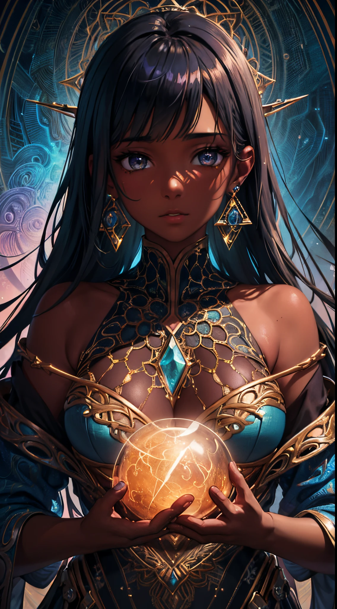 {Celestial hues, lofi, shiny aura, cute, skin girl with dark skin and black hair, big pretty realistic eyes, golden tribal markings} solo ((( perfect dark skintone, perfect flawless face))), highly detailed, holographic glowing motifs, beautifully detailed tracery, geometric, perfect composition, digital painting, artstation, concept art, smooth, sharp focus, illustration, Carne Griffiths, pixar, Victo ngai, Jean Baptiste Monge, beautiful, perfect eyes, full lips, 8k, best quality, full shot ))) (masterpiece, top quality, best quality, official art, beautiful and aesthetic:1.2), (1girl:1.3), extremely detailed,(fractal art:1.1),(colorful:1.1),highest detailed,(zentangle:1.2), (dynamic pose), (abstract background:1.5), (gradient dress:1.2), (shiny skin), (many colors:1.4), ,(earrings:1.4),