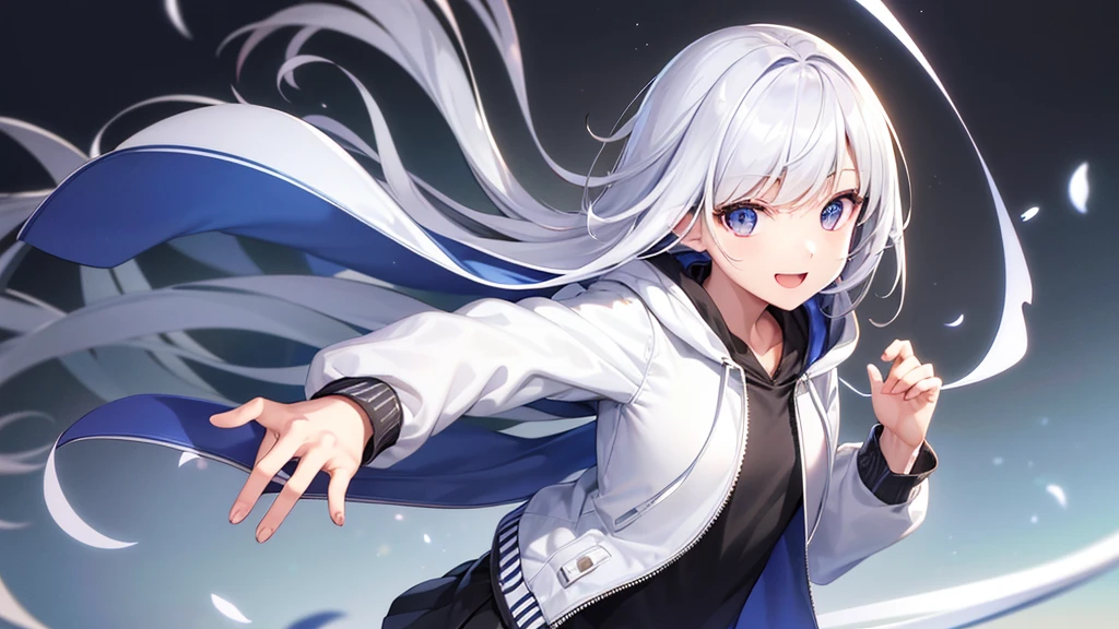 Ultra-high image quality,Look at viewers, hands behind back, girl with, 20 years old, Very short hair, long bangs between eyes, pale blue eyes, Hoodie, Skirt , Extremely detailed,(​masterpiece、top-quality),White hair、A smile, Silver hair, Black eyes,  Hoodie, White hoodie,a black skirt,Hair is short,White jacket, Casual style,Open jacket,  Cowboy Shot、Fluttering hair、a small face、Bright smile、(Detailed face) ,profetional lighting,Blue sky, Sunlight,open open mouth、facing front