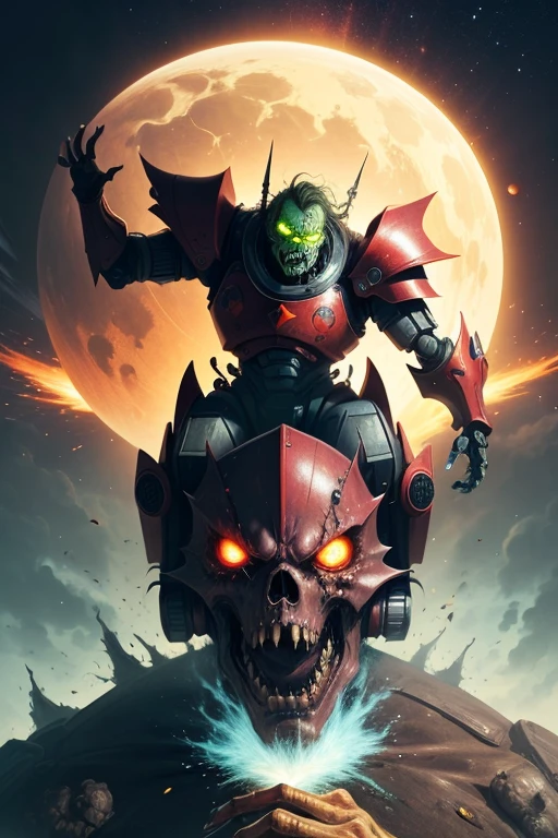 ((giant zombie)), (planet earth in his palm), wearing an old armor, riding a big mecha