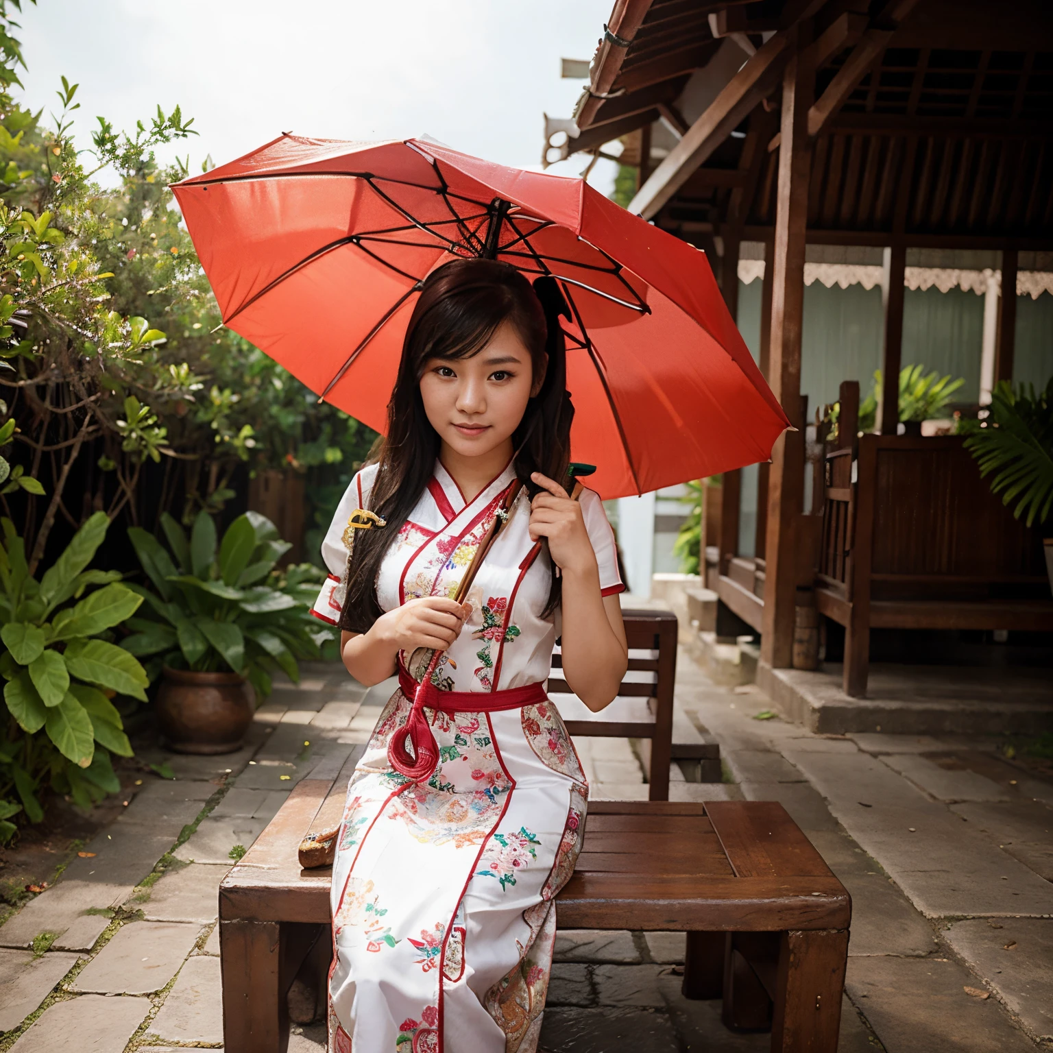 Ying Mai, age 20, wearing Thai dress, holding an umbrella.
