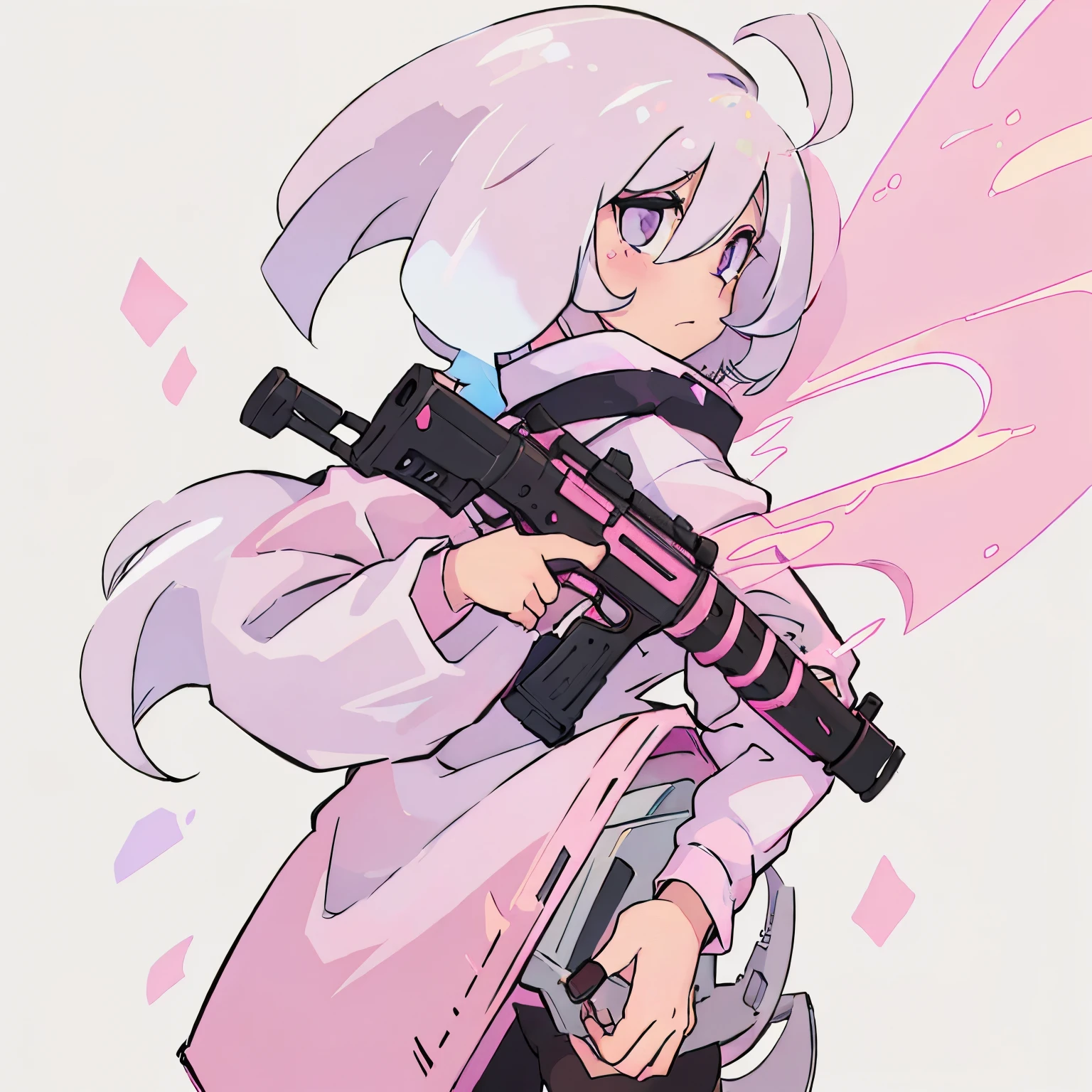 quadratic element,pink back ground,White hair,Holding an AK47