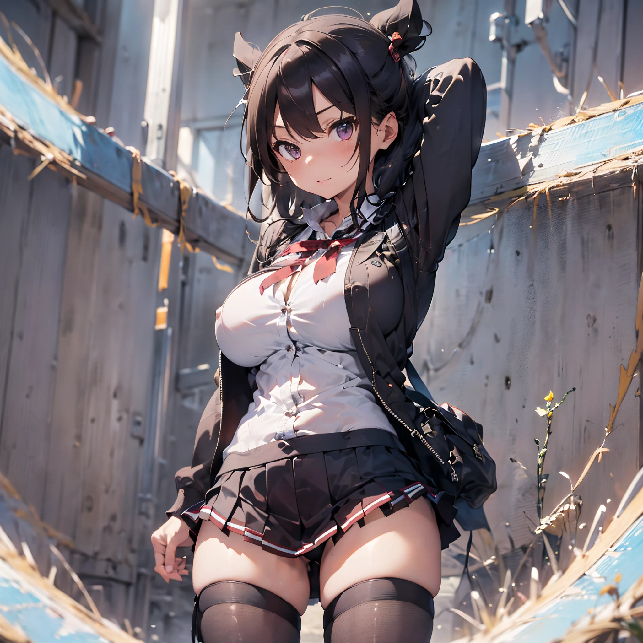 (1 girl standing:1.3), (solo:2.0), (huge perky breasts:2.0), (thin waist:1.3), (thin long legs:1.5), (black thighhighs:1.3), (very short miniskirt:1.8), nose blush, embarrassed, school uniform, cardigan, (excessive pussy juice flowing down on thighs:1.5), orgasm