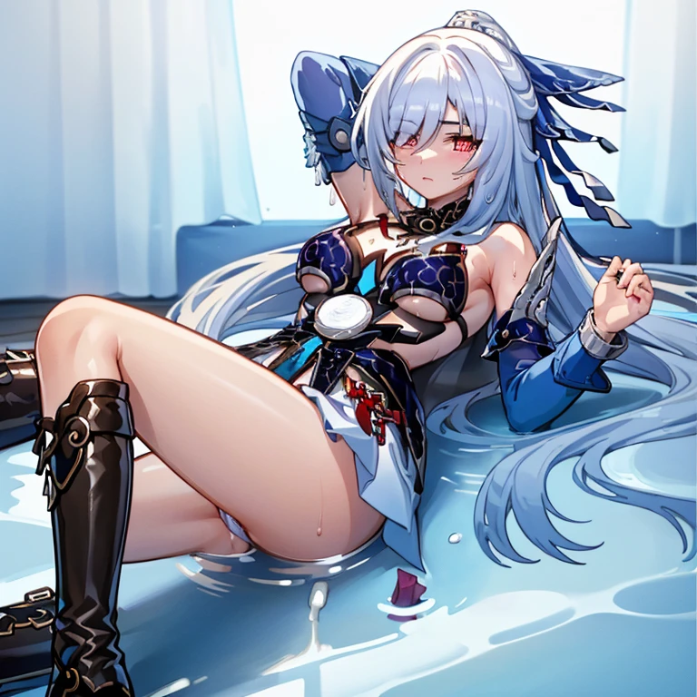 (tmasterpiece, Best quality)one-girl,Long boots,Lying on a white bed,,the detail,don't have clothes,A white bikini,Drenched,Soaked,soaked pubic ha flushed,Embarrassing,funk