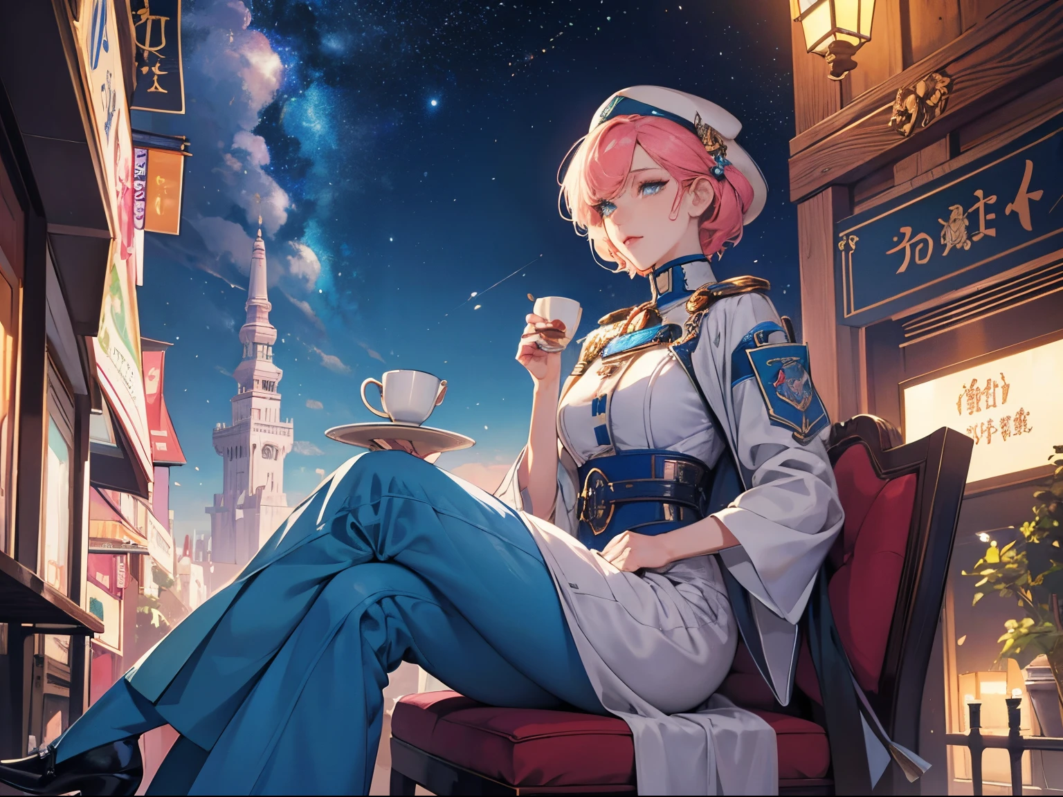George Barbier, Jana Schirmer, Surreal, mysterious, bizarre, fantastic, fantasy, Sci-fi, Japanese anime, happiness in a cup of coffee, morning activity, beautiful girl in a space suit, perfect volume body, space cafe on the street corner, Future Life, detailed masterpiece