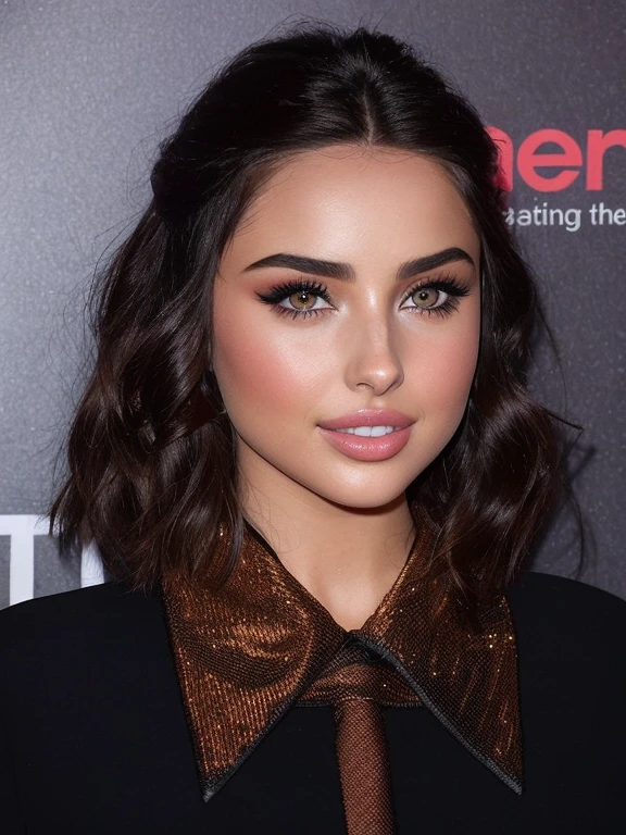 Close-up of woman with tie on red carpet, portrait sophie mudd, ana de armas, ana de armas portrait, ana de armas portrait, sultry expression on his face, ana de armas as joan of arc, Olivia Culpo, Clear portrait of Demi Rose, sultry grin, sultry look, smoldering