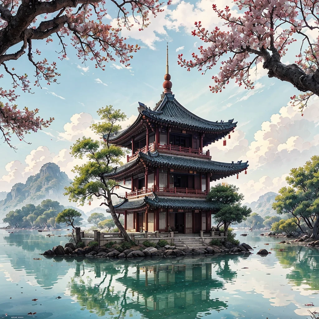 (Depth of field effect) (Chinese ancient architecture group on isolated island), (Tower, Building) (Pavilion,miscellaneous trees, Clouds, green trees, maple trees, red trees, small stones, small birds), Chinese watercolor style, (Chinese painting style), Chinese landscapes,Traditional Chinese watercolor paintings,Chinese paintings,watercolor8K, (reflections), clear boundaries between light and shadow, light and shadow, light and shadow effect, masterpiece,super details, epic work, ultra high definition, high quality, very detailed, official art, unified 8K wallpaper, super details,Contrast between light and dark.