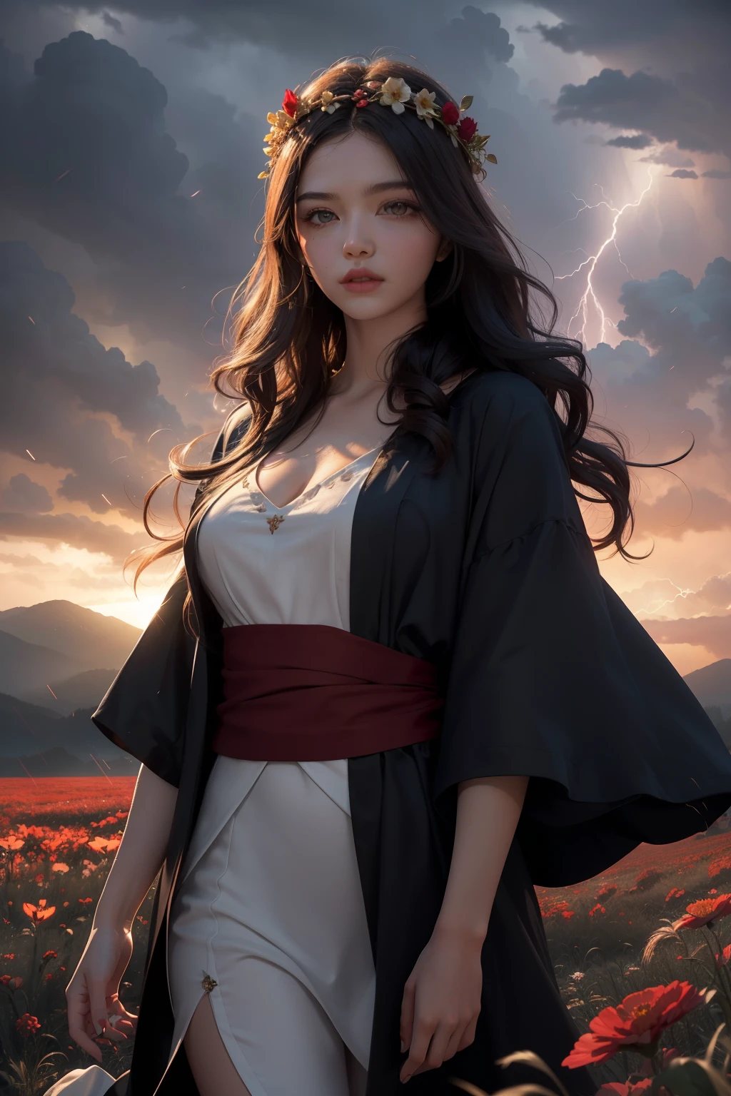 A young goddess with long wavy hair, standing in a flower field of tall grass. She is wearing a dark robe with red details, standing in the middle of the field (flower crown on her head). She is surrounded by a swirling vortex of lightning energy, thunder and lighting. A windstorm is sweeping debris creating a whirlwind. The sun is setting behind the character creating a glowing aura around her, centered, perfect framing and composition. Epic shot, dramatic lighting, dynamic angle, (4k), (masterpiece), (best quality), (extremely intricate), (realistic), (sharp focus), (award winning), (cinematic lighting), (extremely detailed)