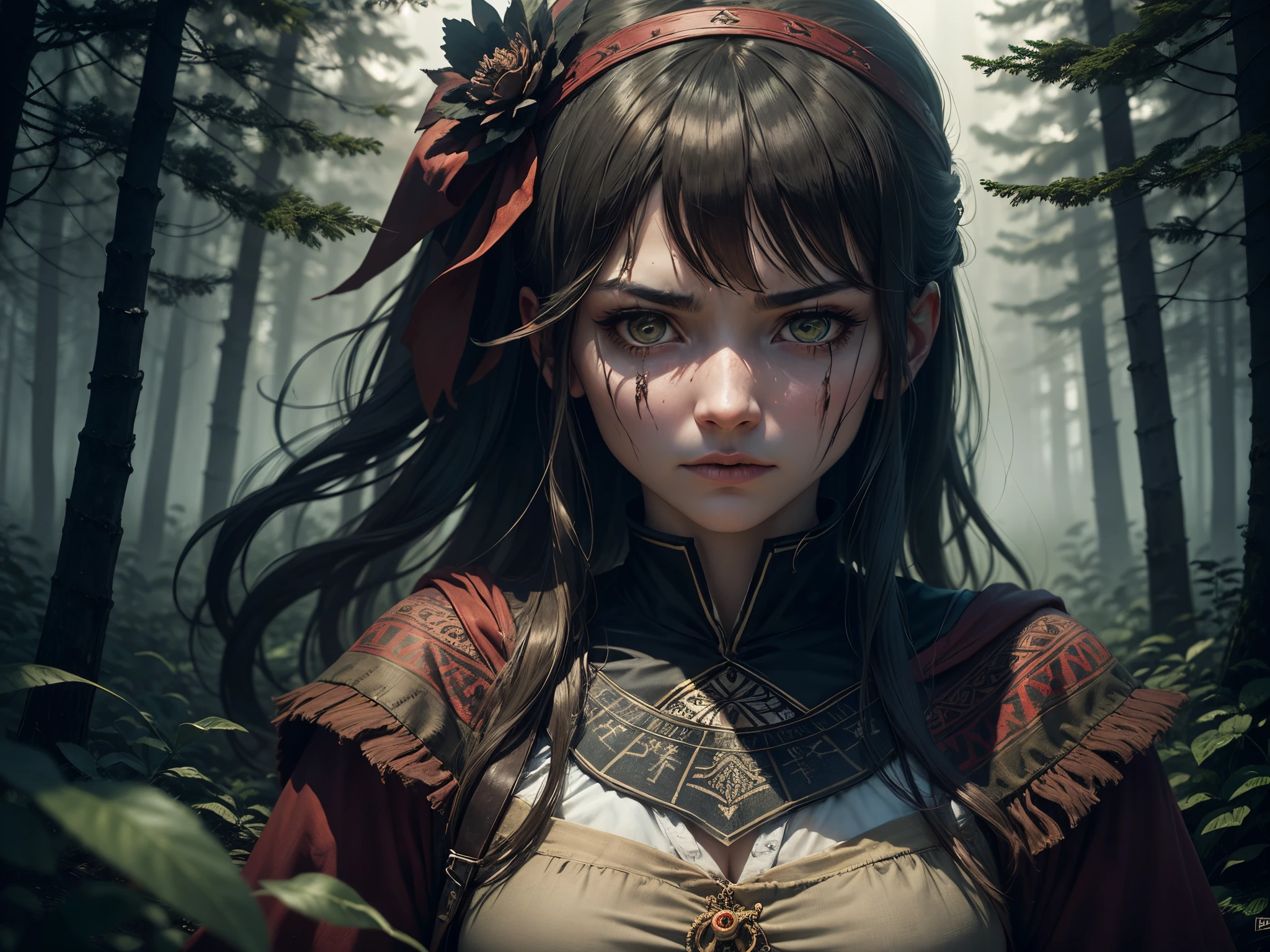 (High Resolution, high detail),Shaman girl performs a bloody ritual, dark and gloomy forest, Traditional materials, Intricate Patterns, creepy ambiance, Mysterious Shadows, Focused lighting, saturated colors, vivid conveyance of emotions, Supernatural elements, dense foliage,,,,,, Intrusive Presence