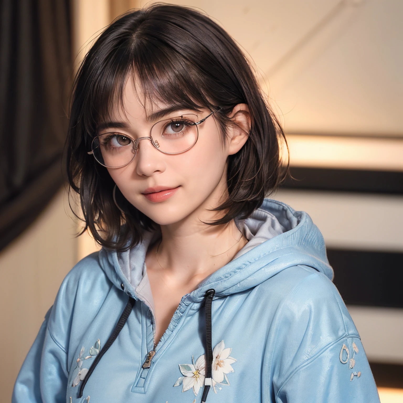 134
(a 20 yo woman,Wearing sportswear), (A hyper-realistic), (high-level image quality), ((beautiful hairstyle 46)), ((short-hair:1.46)), (Gentle smile), (breasted:1.46), (lipsticks), (Wearing glasses:1.46), (darkened room), (florals), (wearing hoodies)