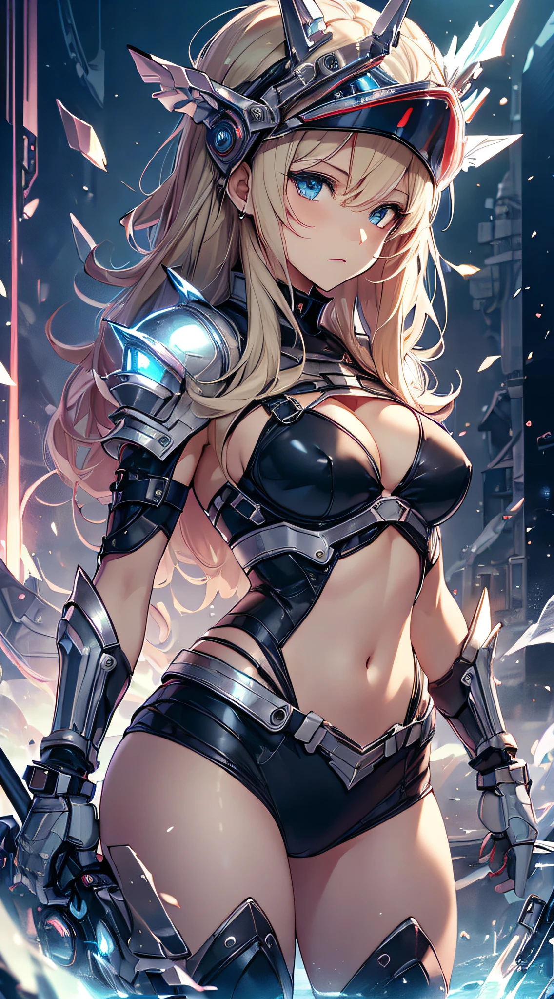 top-quality、Top image quality、​masterpiece、Teenage girl((black mechanic body、Shining red body line、Thorny armor、18year old、 Ager、Best Bust、big bast,Beautiful light blue eyes, Long Blonde Hair、A slender,Large valleys、Reflecting the whole body、black mechanic helmet、Airu main cable is equipped with a glossy black visor、mechanical red sword、mechanic blackwing)),hiquality、Beautiful Art、Background with((research complex、Mechanical Laboratory、bio research))​masterpiece、depth of fields,