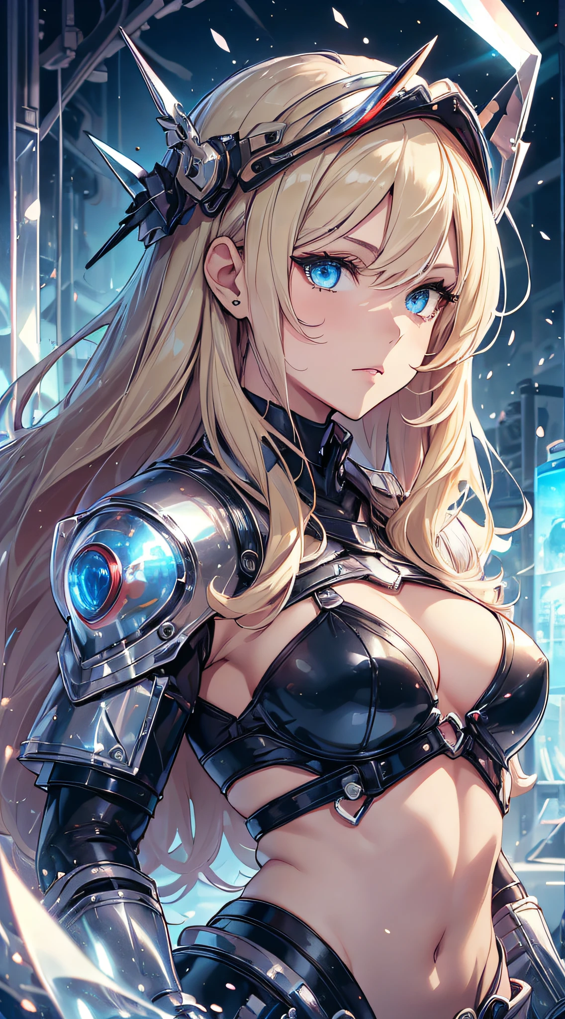 top-quality、Top image quality、​masterpiece、 girl((black mechanic body、Shining red body line、Thorny armor、18year old、 Ager、Best Bust、big bast,Beautiful light blue eyes, Long Blonde Hair、A slender,Large valleys、Reflecting the whole body、black mechanic helmet、Airu main cable is equipped with a glossy black visor、mechanical red sword、mechanic blackwing)),hiquality、Beautiful Art、Background with((research complex、Mechanical Laboratory、bio research))​masterpiece、depth of fields,