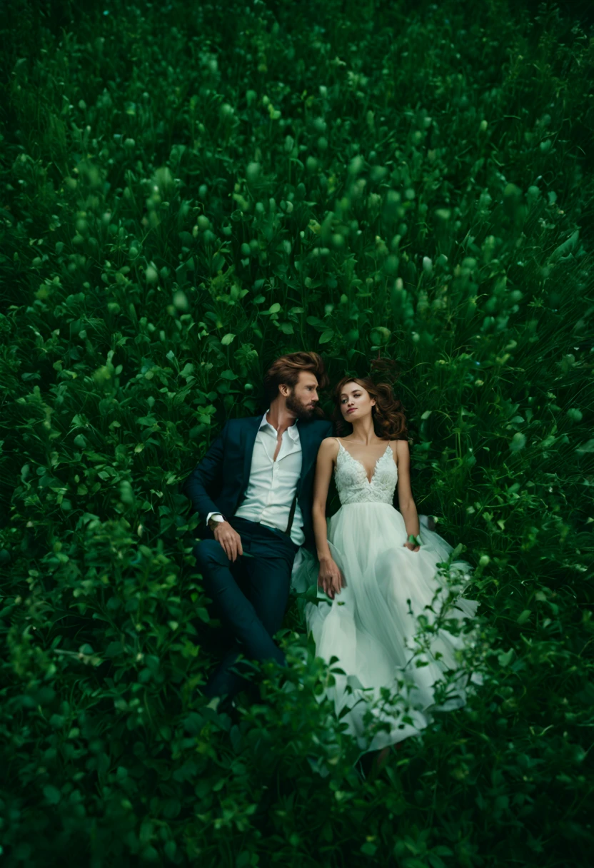 photo cinématographique art hyperréaliste un couple allongé dans l&#39;ensemble d&#39;herbes, par Relja Penezic, Portrait en vedette sur Unsplash, Photographie de mariage professionnelle, par Eszter Mattioni, par Nadya Rusheva, inspired by Oleg Oprisco, par Oszkar Tordai Schilling, par Georges Papazov, par Anna Hotchkis, par Daryush Shokof . Photographie 35mm, film, Bokeh, professionnel, 4K, highly detailed